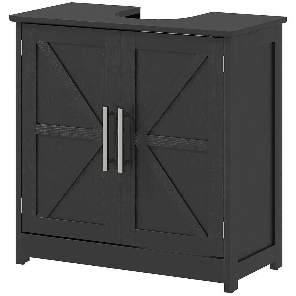 Farmhouse Pedestal Sink Storage Cabinet, Bathroom Sink Cabinet with 2 Barn Doors and Adjustable Shelf, Distressed Black
