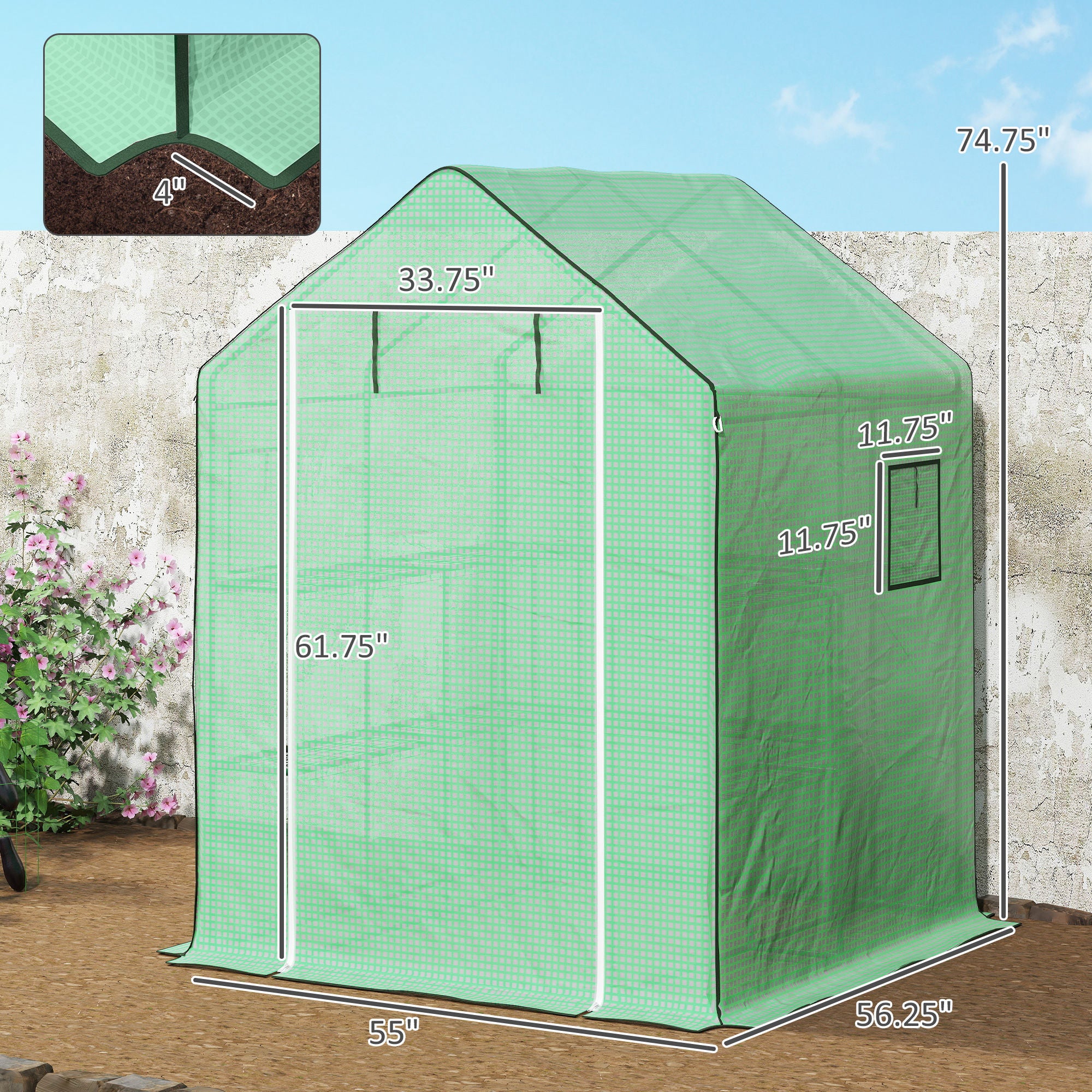 4.6' x 4.7' Portable Greenhouse, Water/UV Resistant Walk-In Small Outdoor Green House with 2 Tier U-Shaped Flower Rack Shelves, Roll Up Door & Windows, Green