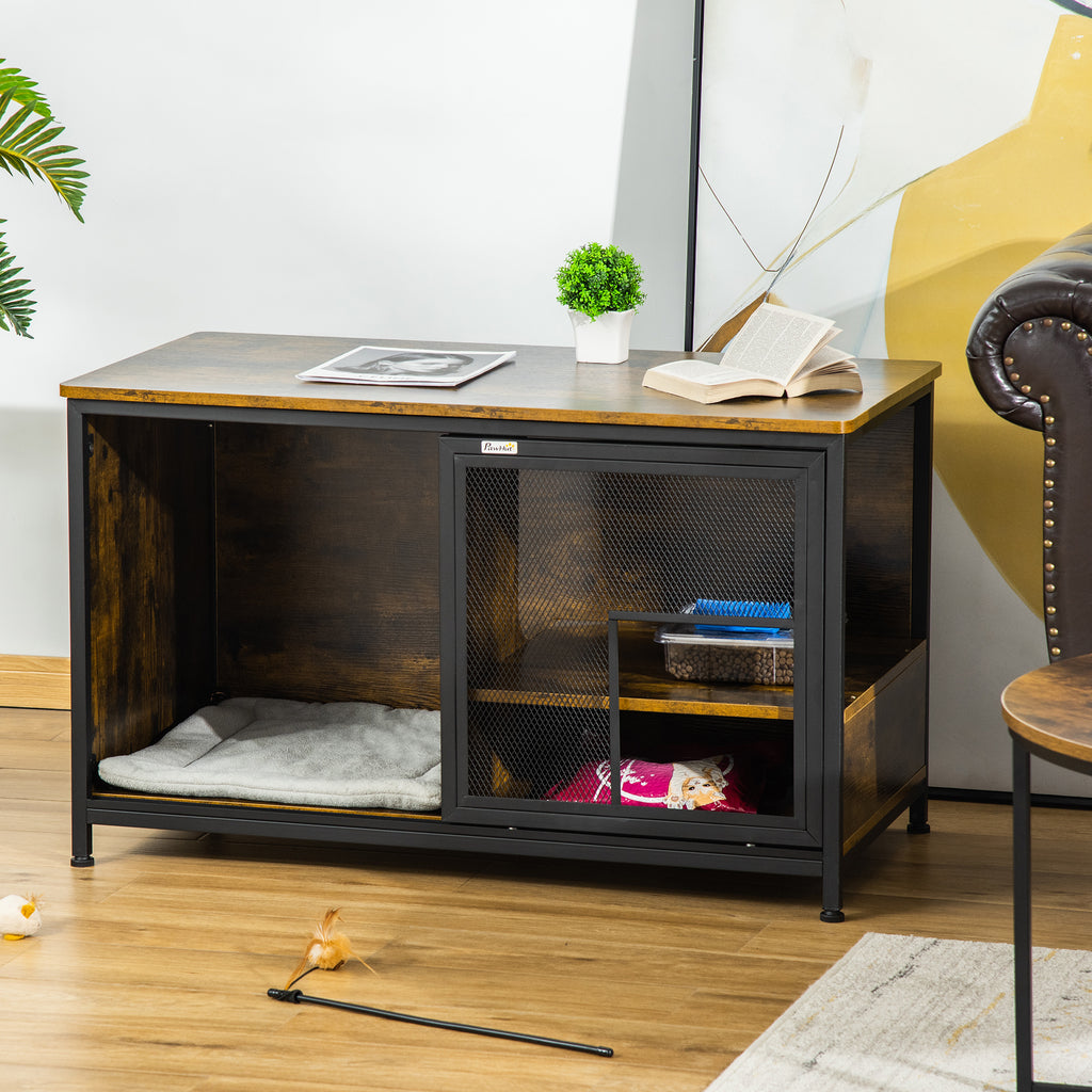 Wooden Cat Crate, Furniture Style Dog Cage, Puppy Kennel Indoor, End Table Pet House with Cushion and Sliding Doors, Rustic Brown
