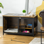 Wooden Cat Crate, Furniture Style Dog Cage, Puppy Kennel Indoor, End Table Pet House with Cushion and Sliding Doors, Rustic Brown