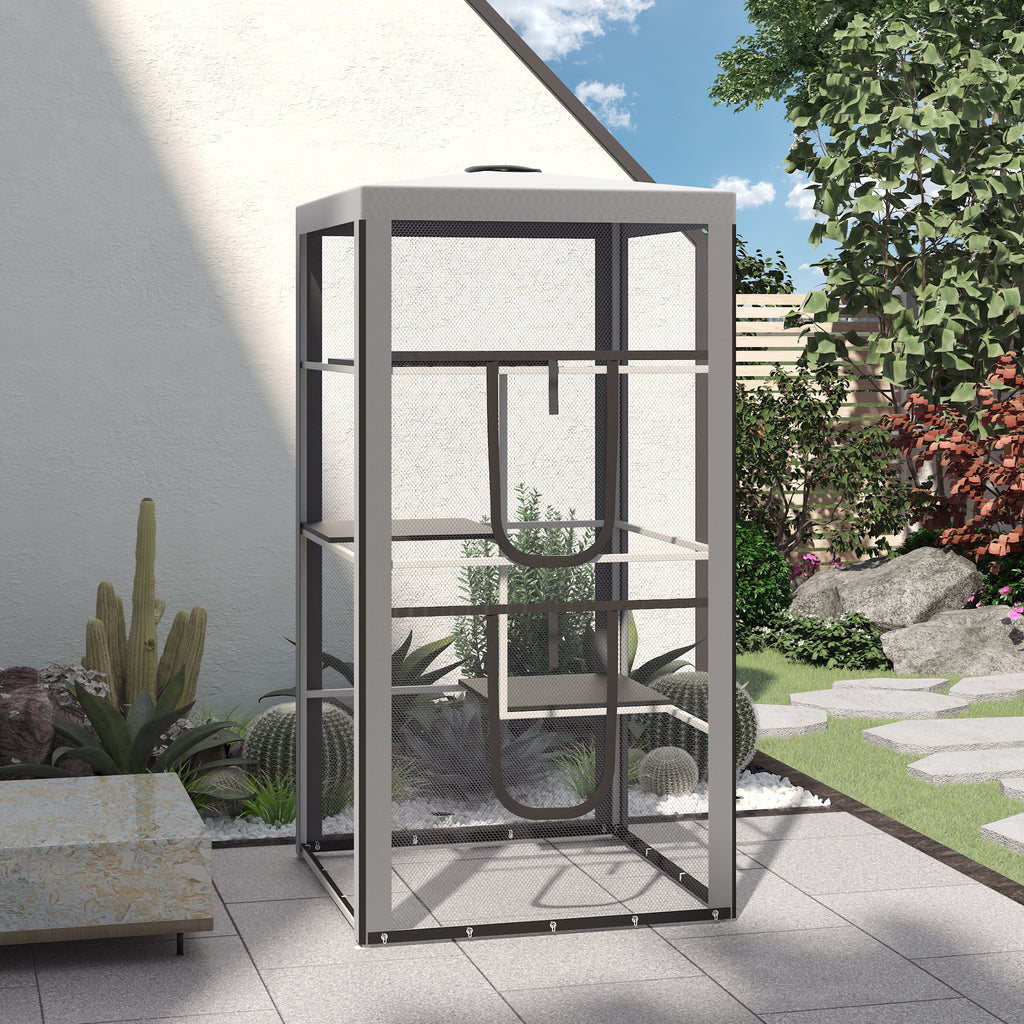 79"H Cat House Kitten Enclosure Mesh Playpen Steel Frame with 3 Platforms, 2 Doors and 4 Sandbags for Stability, Indoor/Outdoor