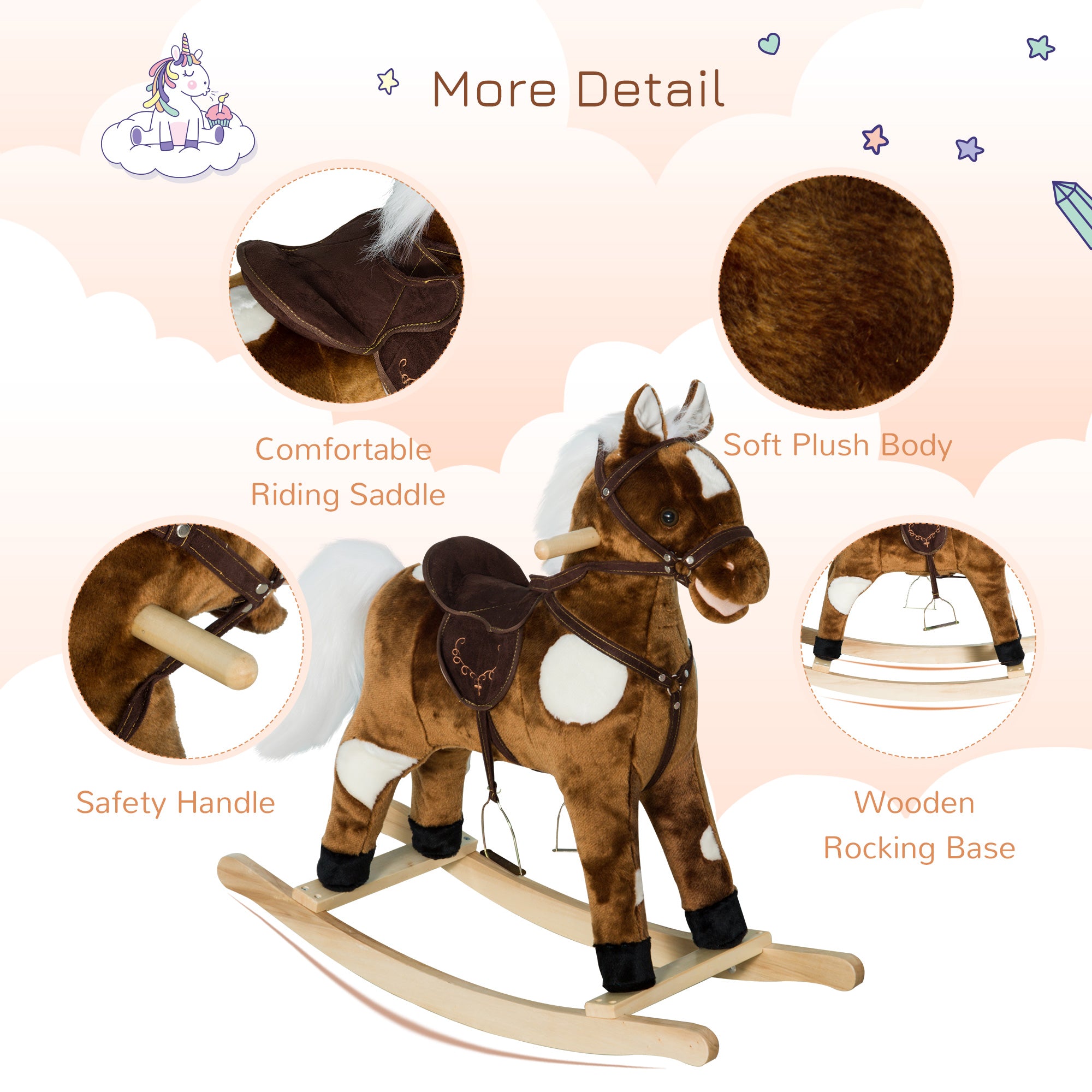 Kids Metal Plush Ride-On Rocking Horse Chair Toy With Nursery Rhyme Music - Dark Brown