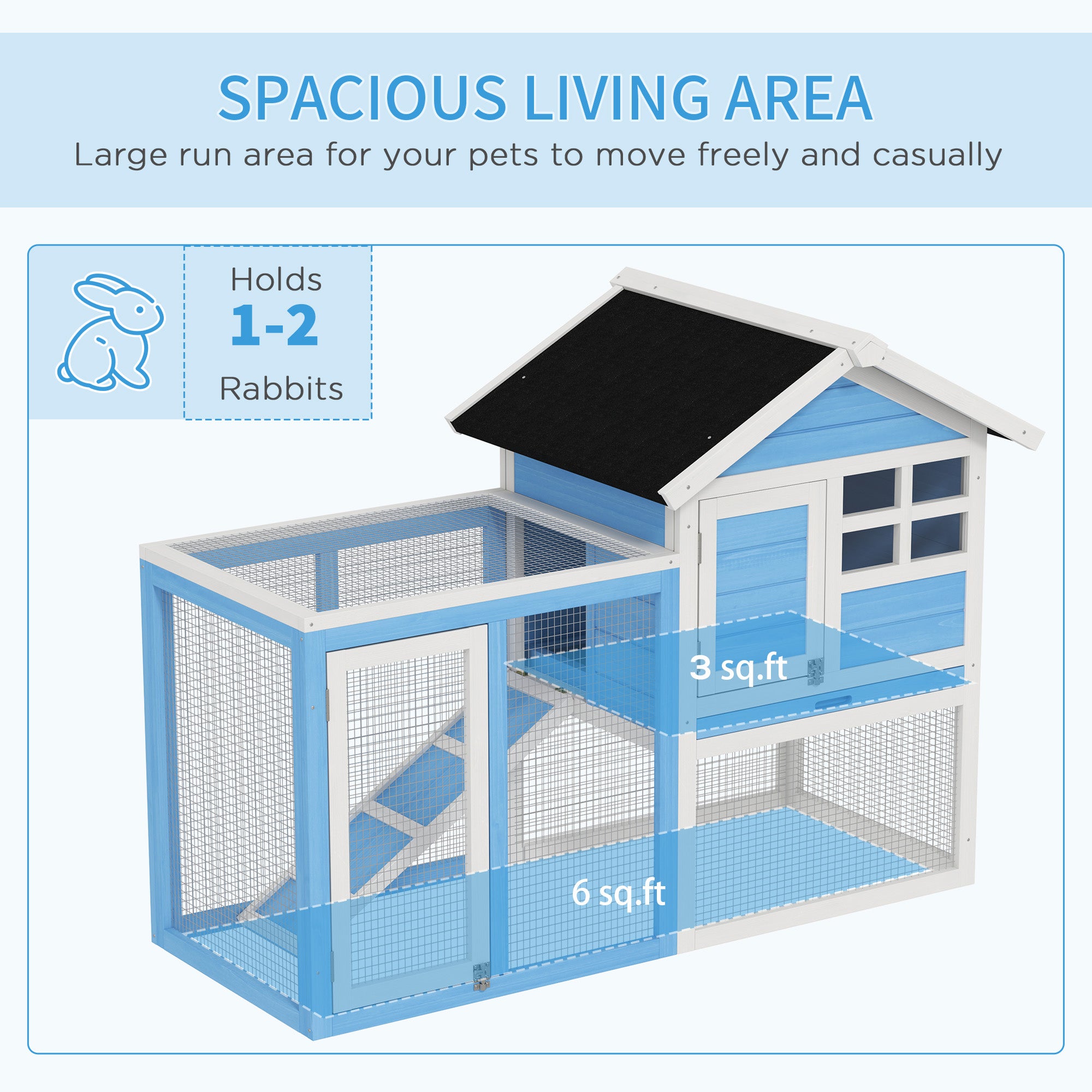 49" Wooden Rabbit Hutch Bunny Cage with Waterproof Asphalt Roof, Fun Outdoor Run, Removable Tray and Ramp, for Rabbits, Chickens, Ducks, Light Blue