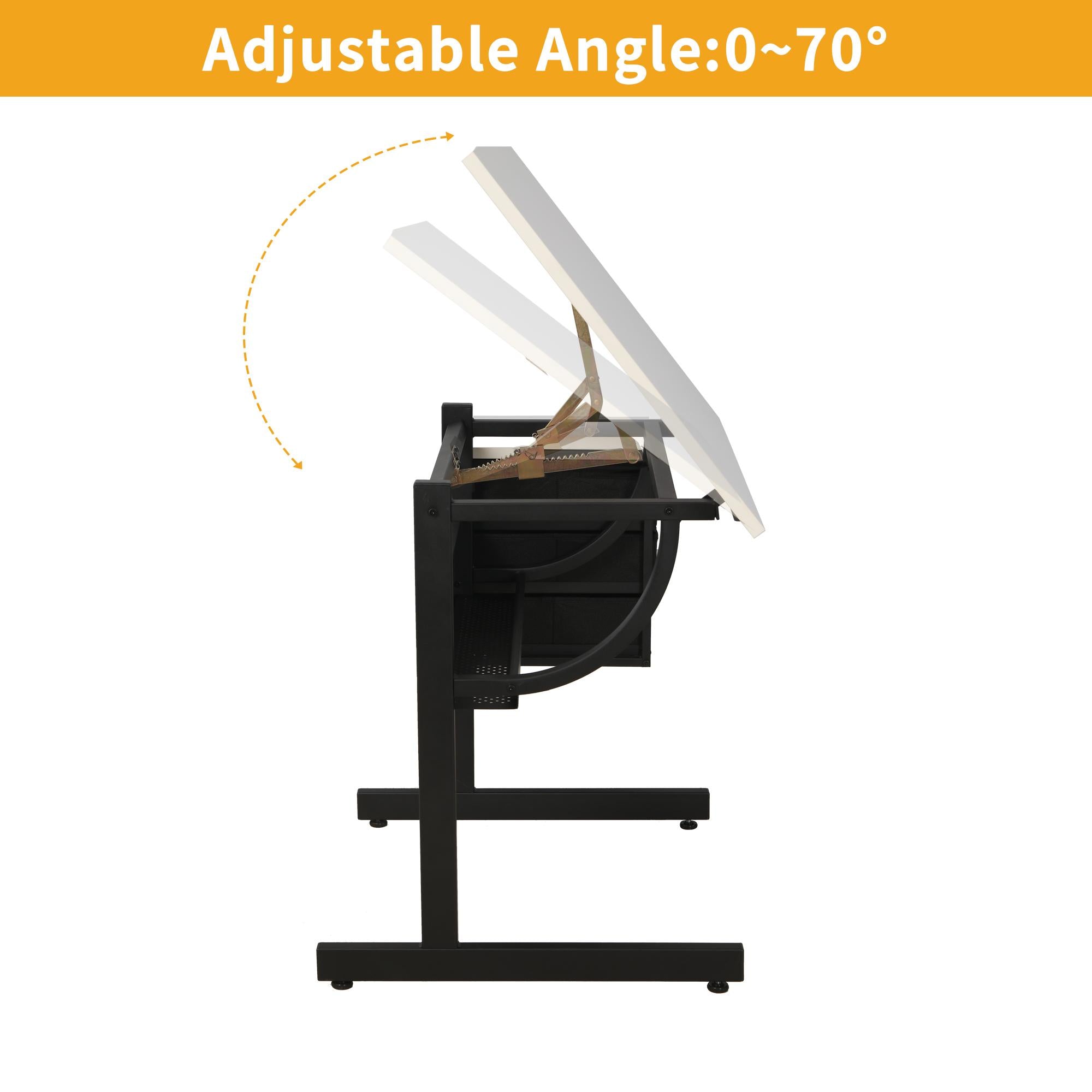 Adjustable Drafting Table with Stool and 3 Hanging Fabric Drawers, Desk for Drawing, Crafting & Reading, 45.5" L x 23.5" W x 30" H, Black+White