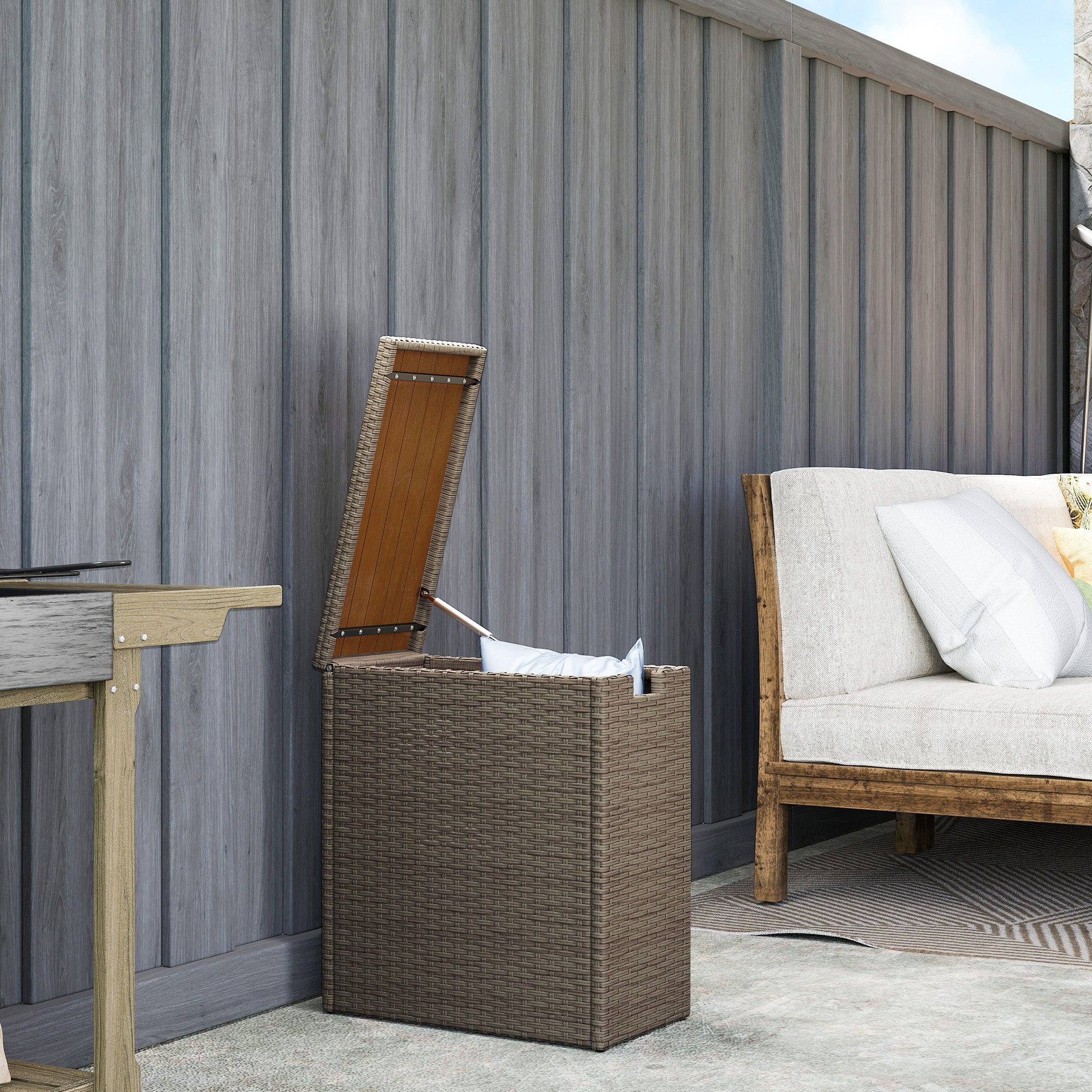17-Gallon Small Deck Box, Wicker Outdoor Storage Box with Acacia Wood Top for Patio Cushions and Garden Tools, Teak