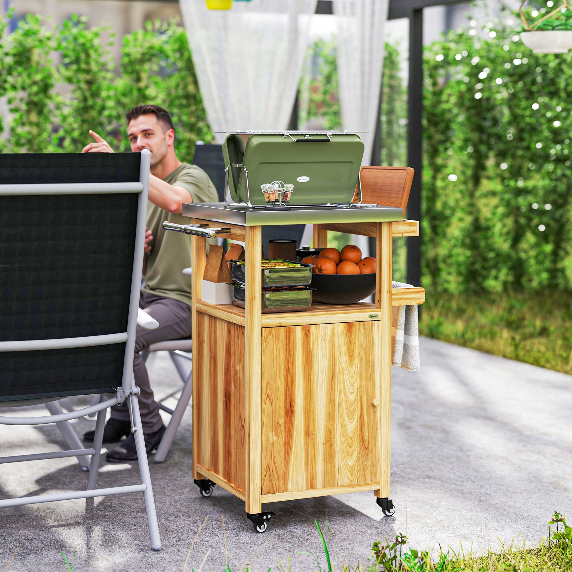Outdoor Grill Cart w/ Stainless Steel Top, Solid Wood Outdoor Kitchen Island w/ Wheels, Integrated Hole, Natural Wood