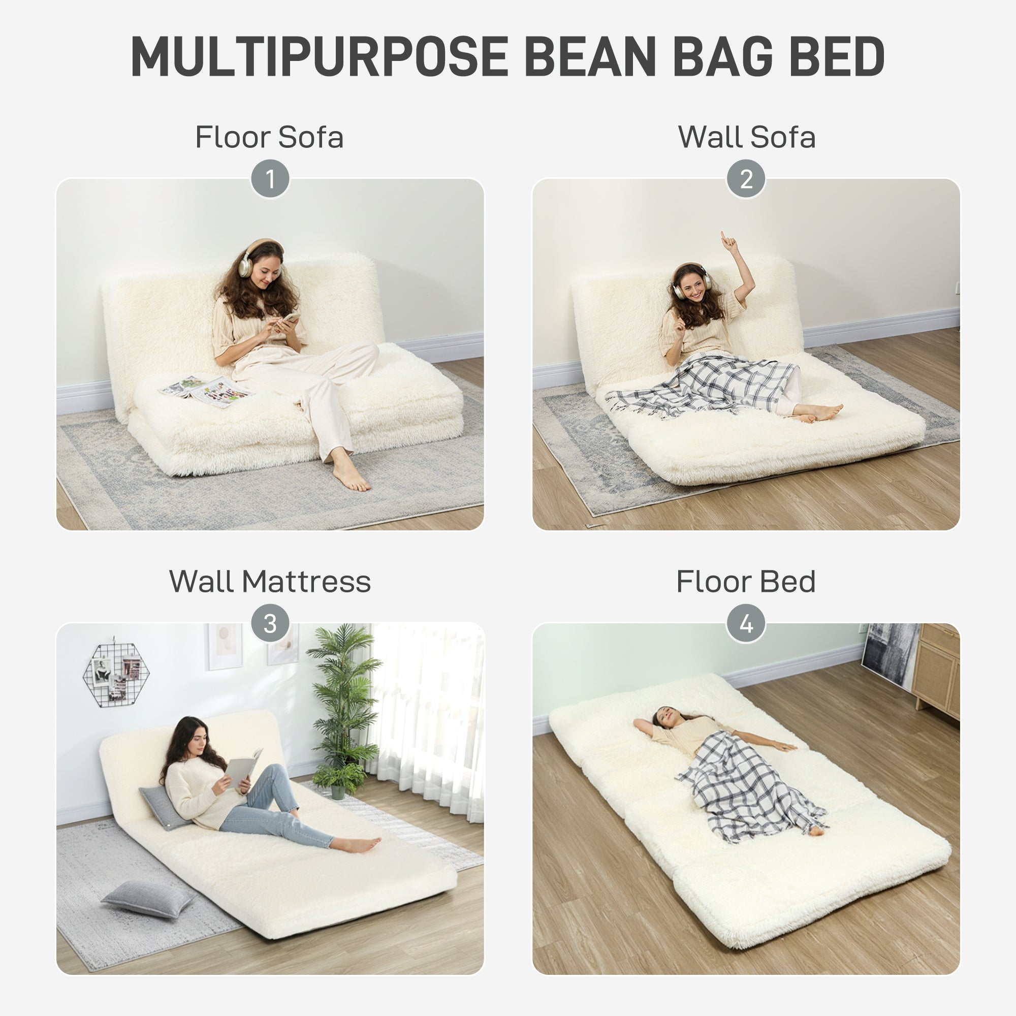 Bean Bag Floor Sofa Bed, Contemporary Plush Wide Folding Floor Mattress, Foam Filling Wall Couch Sleeper, Cream White