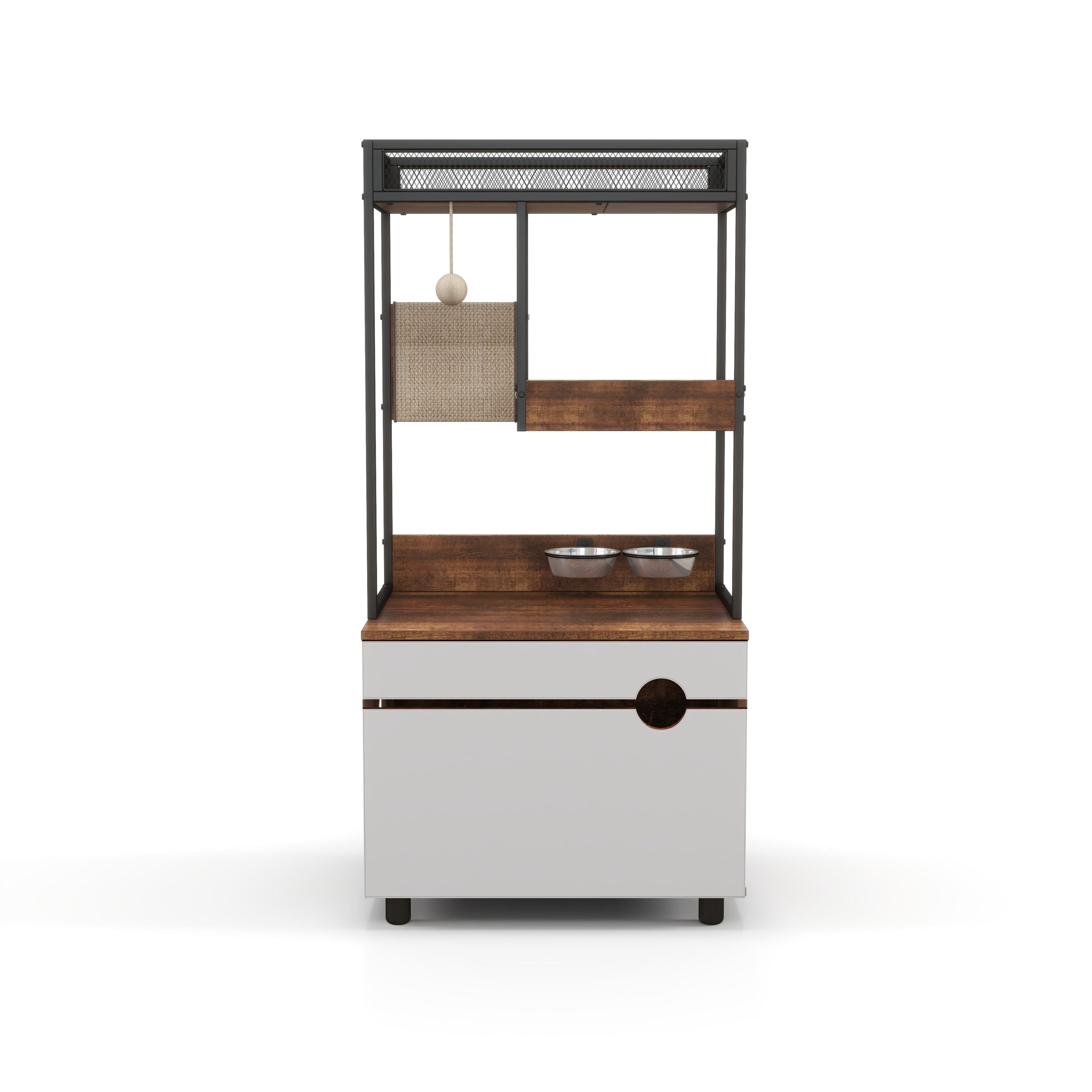 Cat Litter Box Enclosure with Cat Tree Tower, Multi-Functional Cat Furniture Cabinet, 23.5" L x 19" W x 48.5" H, White+Vintage