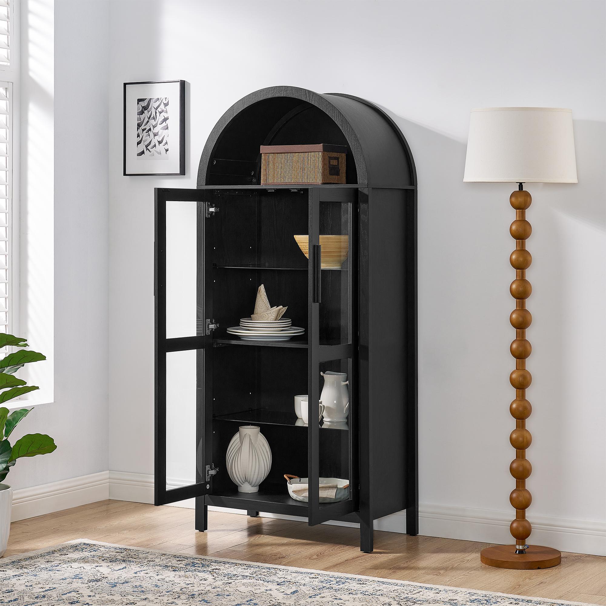 Arched Top Storage Cabinet with LED Light Strip, Adjustable Glass Shelves, Modern Bookcase for Living Room, 30" L x 15.5" W x 67" H, Black