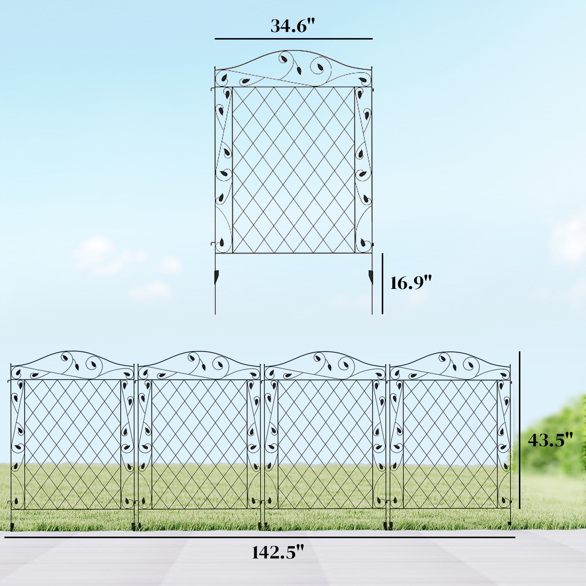 Garden Fence, 4 Pack Steel Fence Panels, 11.5' L x 43" H, Rust-Resistant Decorative Border Flower Edging for Yard, Landscape, Patio, Outdoor Decor, Wavey Vines