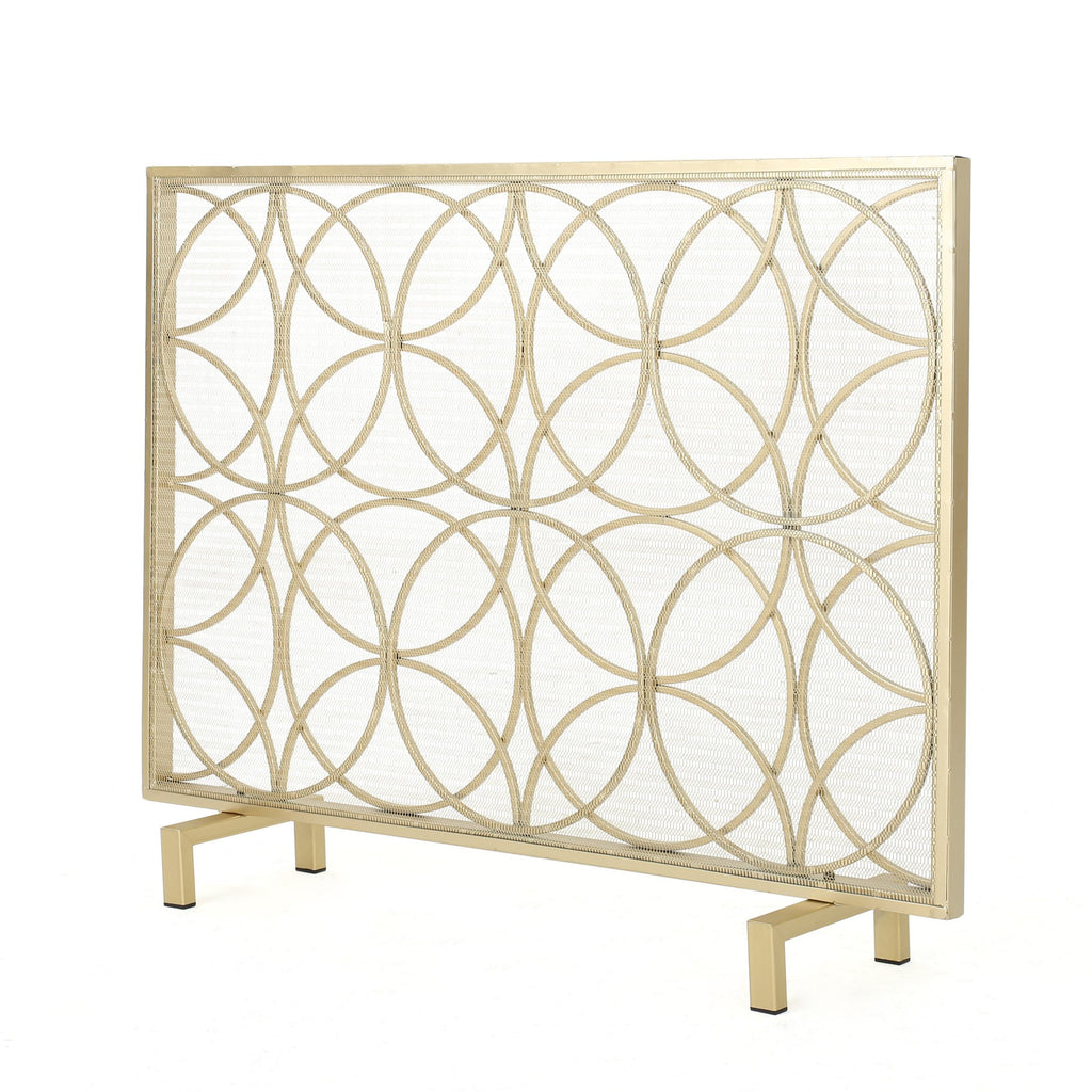 Stylish Single Panel Iron Fireplace Screen With Durable Iron Frame, Modern Overlapping Circle Design, 41.1" L x 9.25" W x 31.1" H, Gold