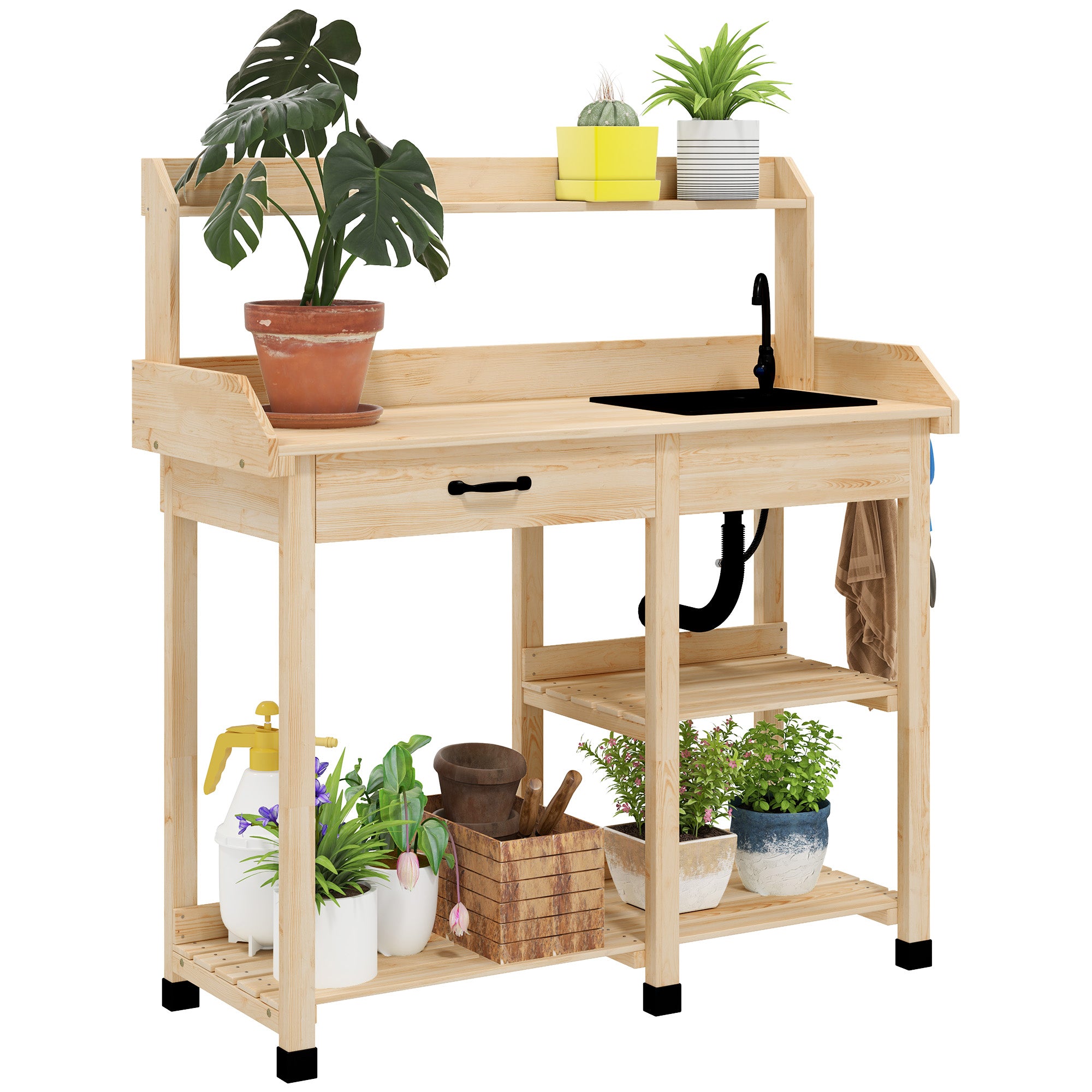 Potting Bench Table, Outdoor Garden Table Wooden Work Station with Removable Sink, Faucet, Drawer, Shelves, Hooks, Natural Wood