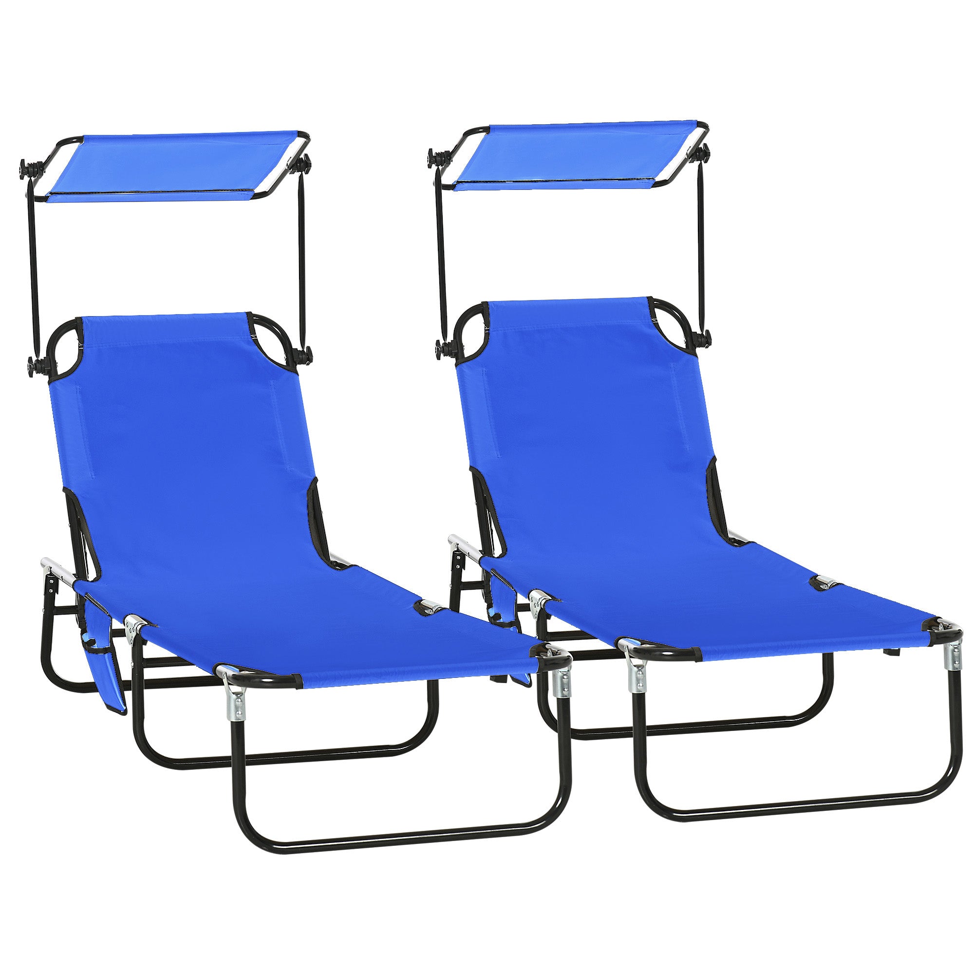 Pool Chaise Lounge Chairs Set of 2, Folding Lounge Chairs with Sunshade, Reclining Back, Steel Frame, Blue