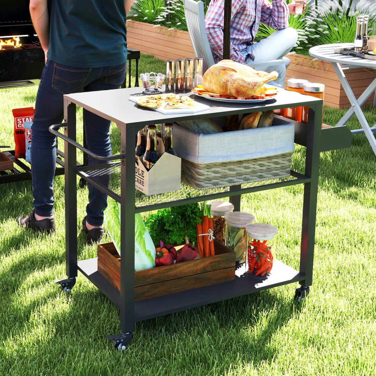 3-Tier Outdoor Grill Cart with Storage Racks, Side Handle, Movable Pizza Oven Table on Wheels