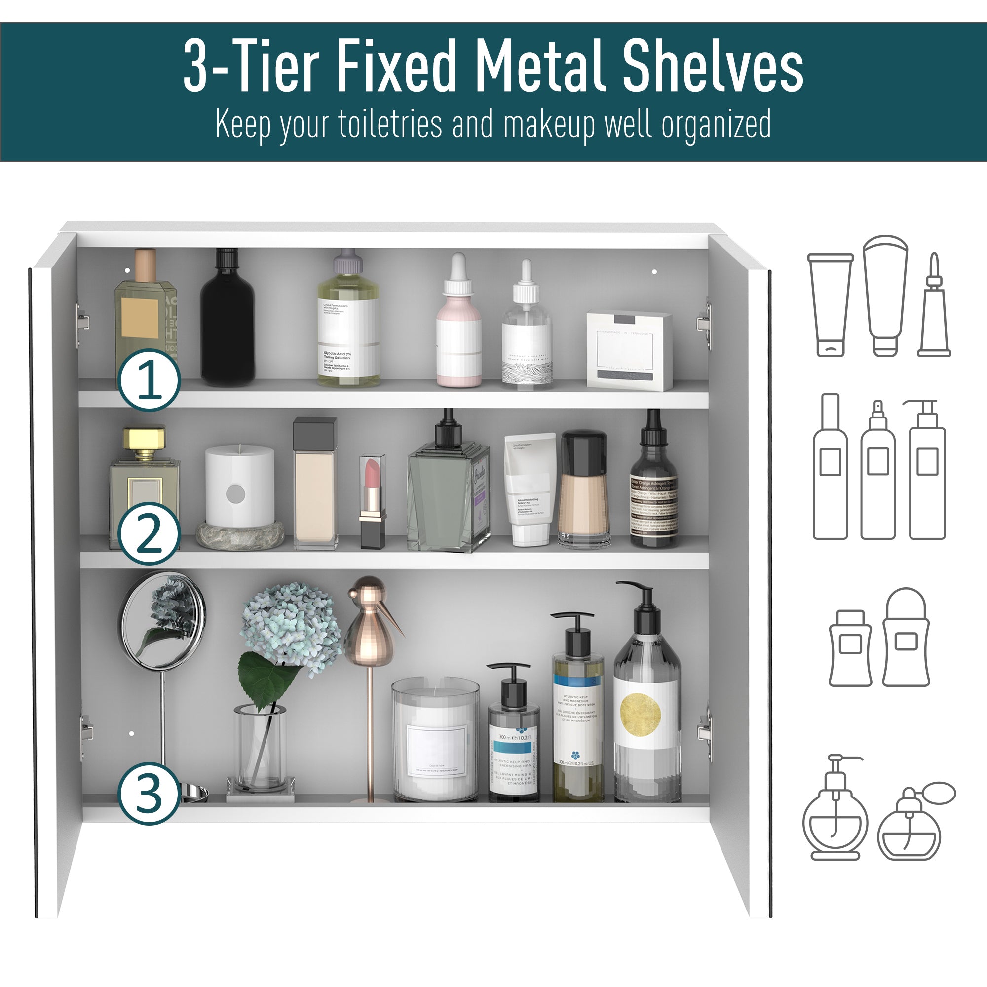 Bathroom Mirrored Cabinet, 24"x22" Steel Frame Medicine Cabinet, Wall-Mounted Storage Organizer with Double Doors, White