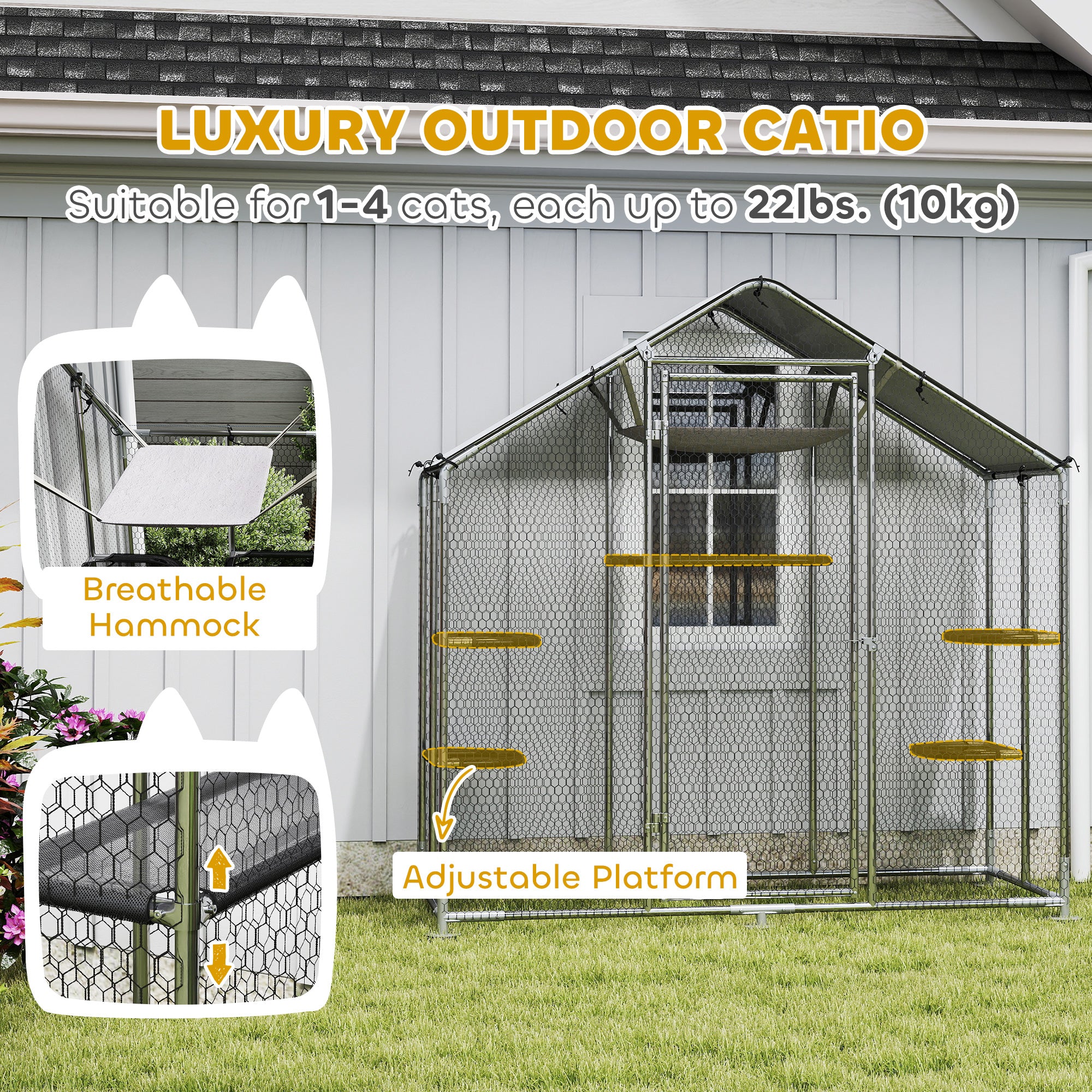 Large Catio Outdoor Cat Enclosure with Waterproof Cover, Walk-in Cat Patio w/ 5 Adjustable Platforms & Hammock