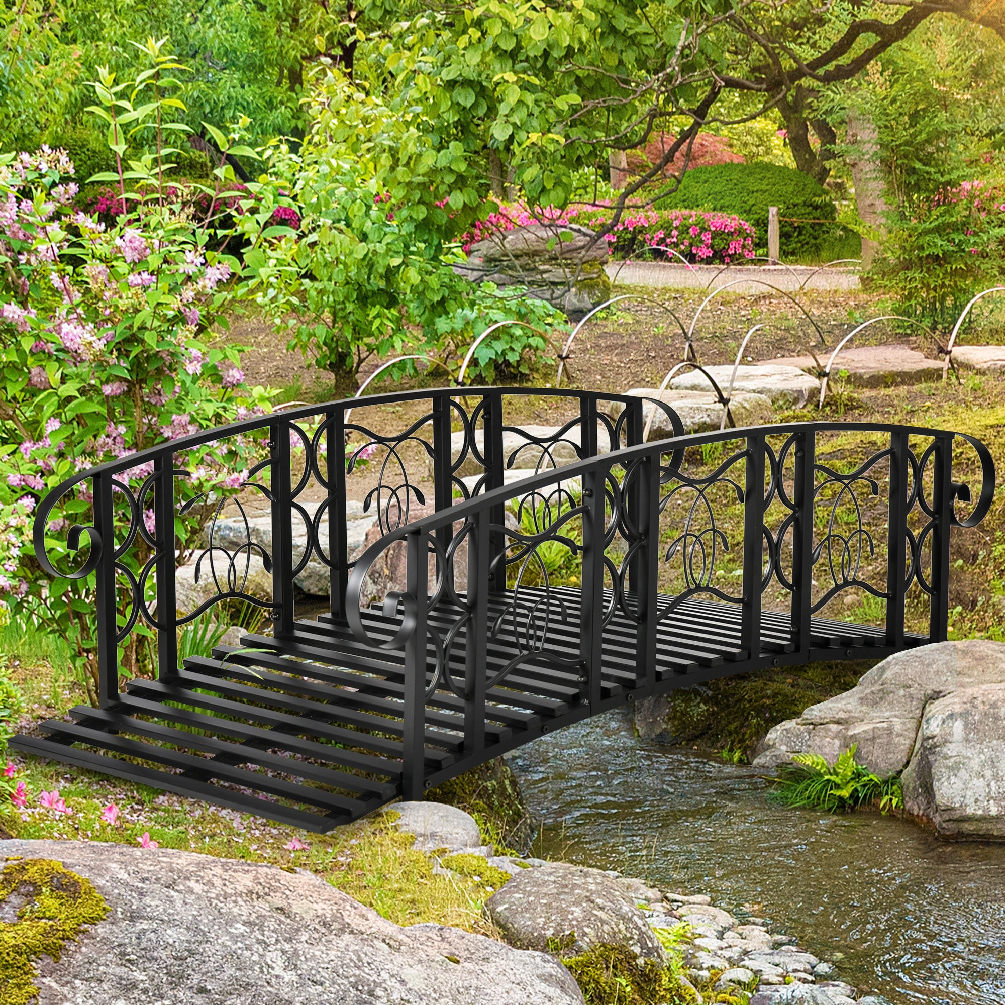 6' Metal Arch Backyard Garden Bridge with 660 lbs. Weight Capacity, Safety Siderails, Vine Motifs, Easy Assembly for Backyard Creek, Stream, Pond, Black