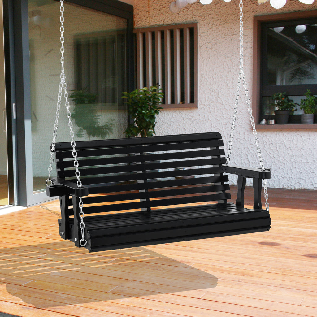 Porch Swing with Chains and Cupholders, 2 Person Wooden Patio Swing Chair, 440 lbs. Weight Capacity, for Garden, Poolside, Backyard, Black