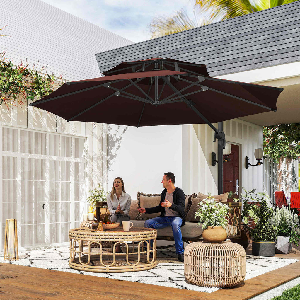 11ft Cantilever Patio Umbrella with Base, Double Top Hanging Aluminum Offset Umbrella with 360° Rotation, Easy Tilt, 8 Ribs, Crank, Cross Base for Backyard, Brown