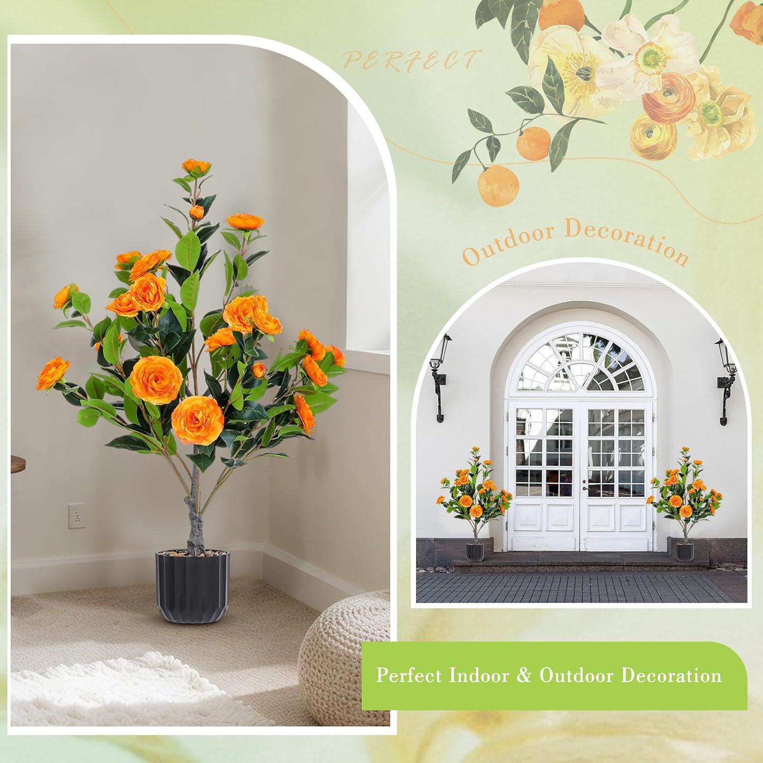 36" Faux Camellia Plant in Pot with Orange Flowers, Artificial Camellia Tree 2-Pack for home or office decor, 26.5" L x 6" W x 36" H, Black+Orange
