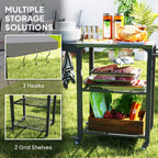 Three-Shelf Outdoor Grill Cart Table with Foldable Side Table, Stainless Steel Top Pizza Oven Stand with Hooks, Silver