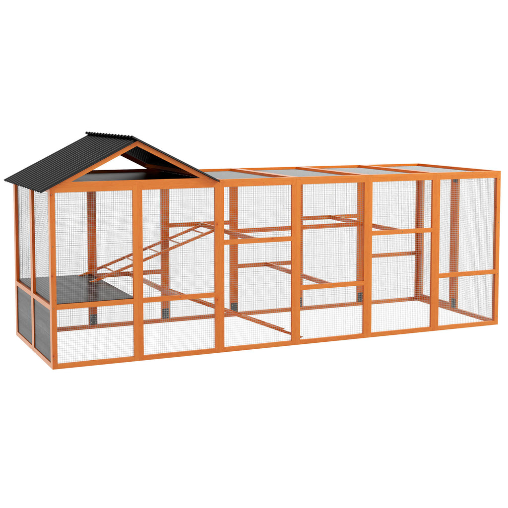 Wooden Chicken Coop Run for 6 - 10 Chickens, Hen House Add-On with Storage, Perches, 141.75" x 48" x 61", Orange