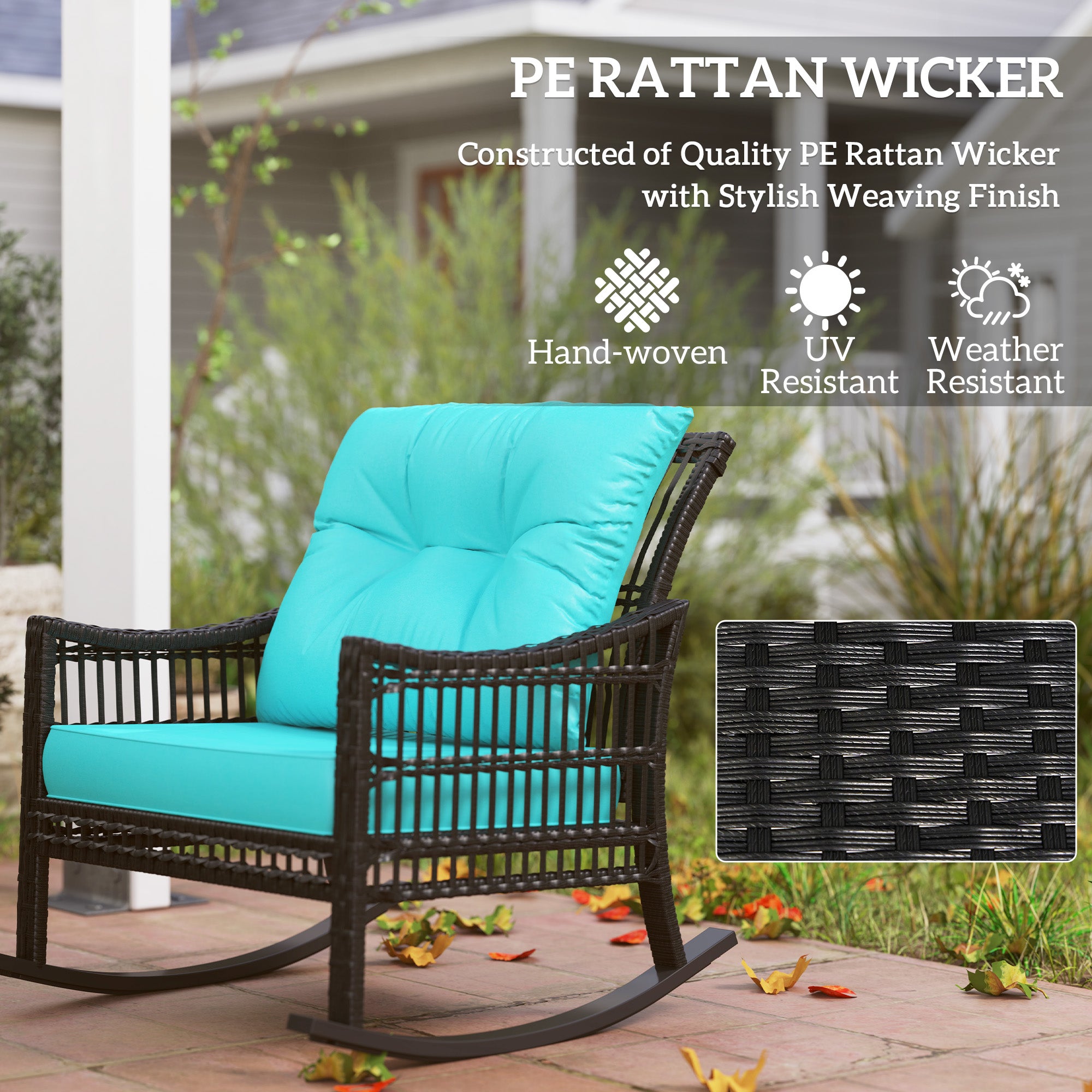 3 Piece Outdoor PE Rattan Rocker Chair Set, Rocking Chair with Tempered Glass Table Top, Turquoise Green