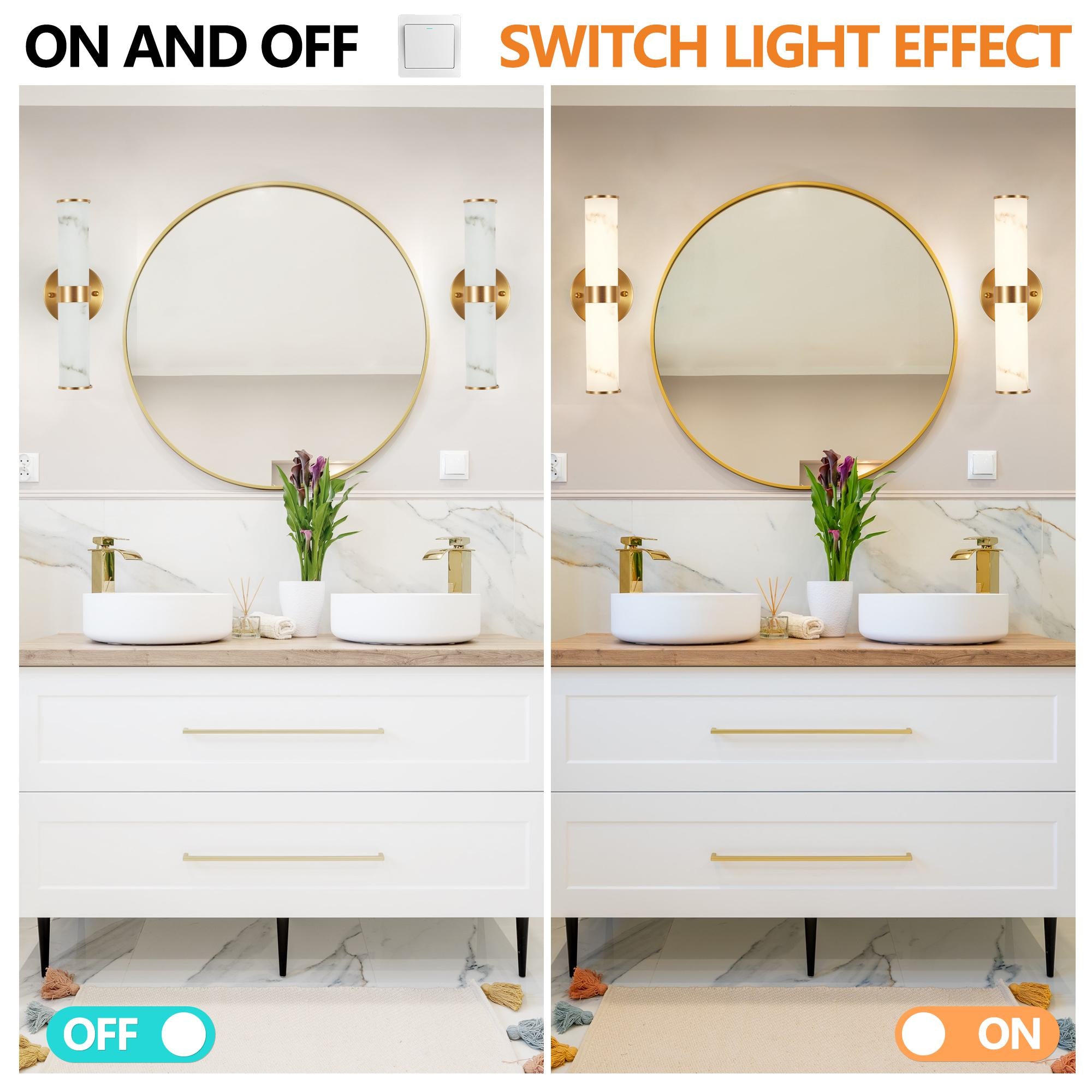 Set of 2 Resin Wall Sconces with Gold Accents, Easy Installation, Indoor Vertical Light Fixture with Marble Texture, 5" L x 5.5" W x 14" H, Gold