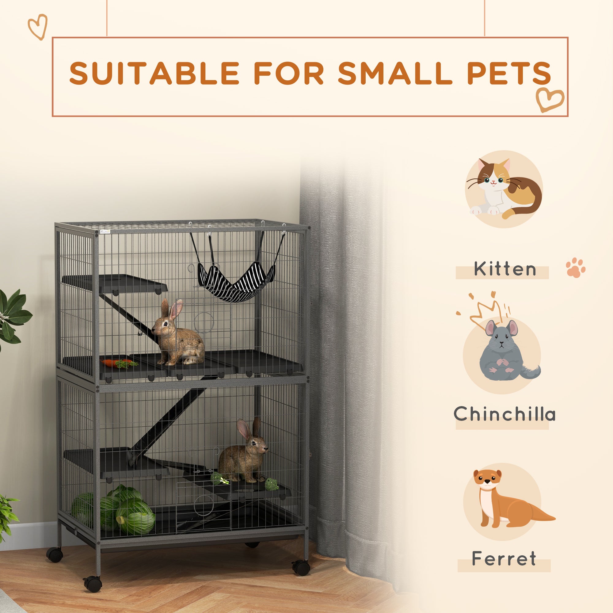 50" H Rolling Small Animal Cage with Hammock, Ferret Cage, Chinchilla Cage, Pet Habitat with 4 Doors, Removable Tray