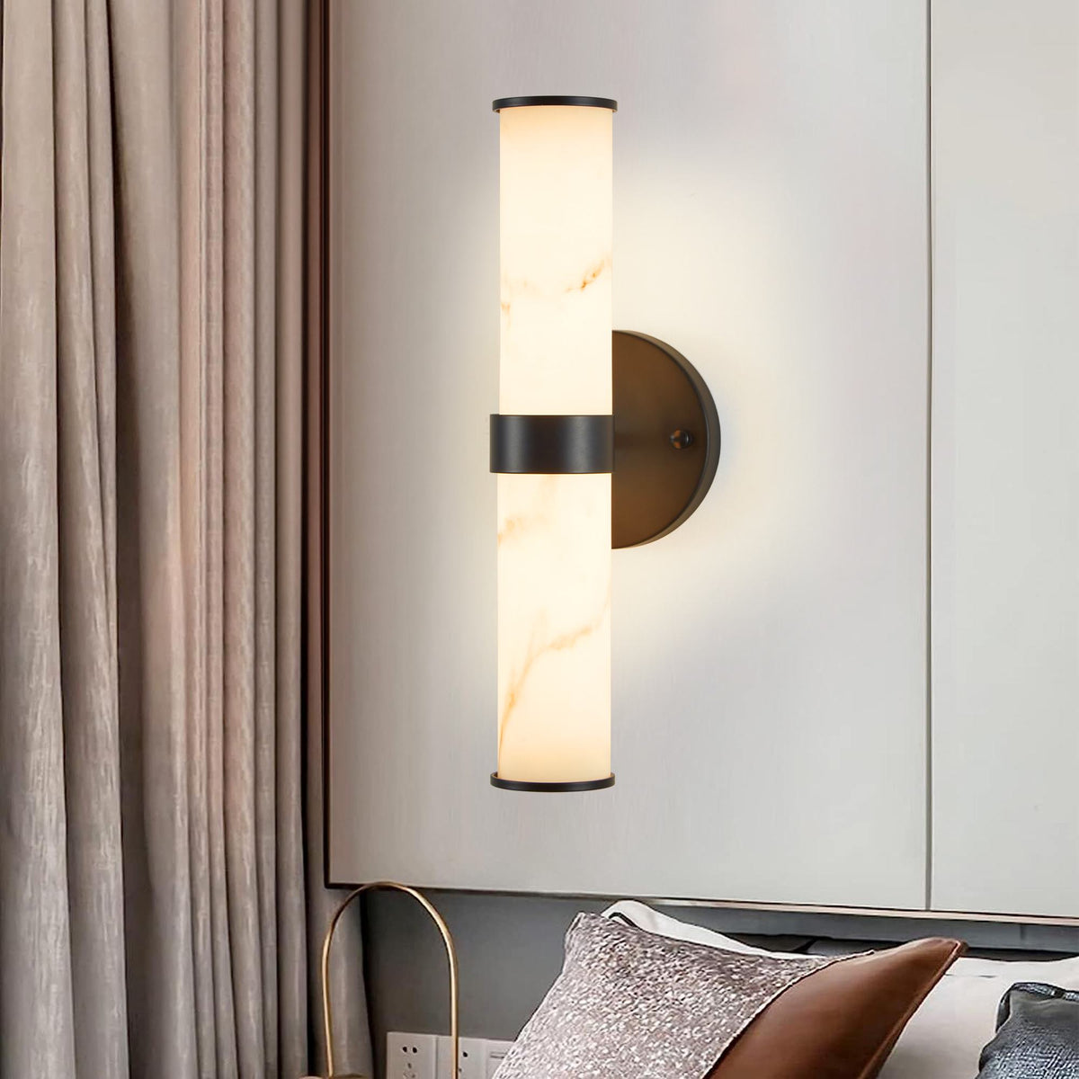 Set of 2 Resin Marble Texture Wall Lights with Iron Metal Frame, Elegant Lighting Fixtures for Hallways, Bedrooms, 5" L x 5.5" W x 14" H, Black
