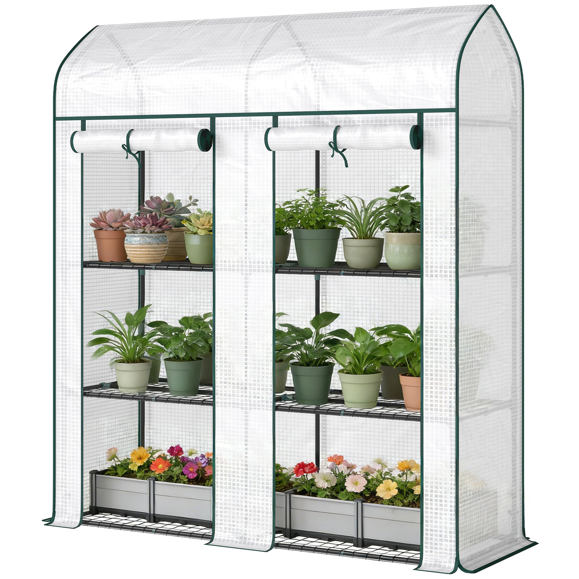 3 Tier Mini Greenhouse, Small Portable Greenhouse with 2 Roll-up Doors, 56.3" x 18.1" x 65", White