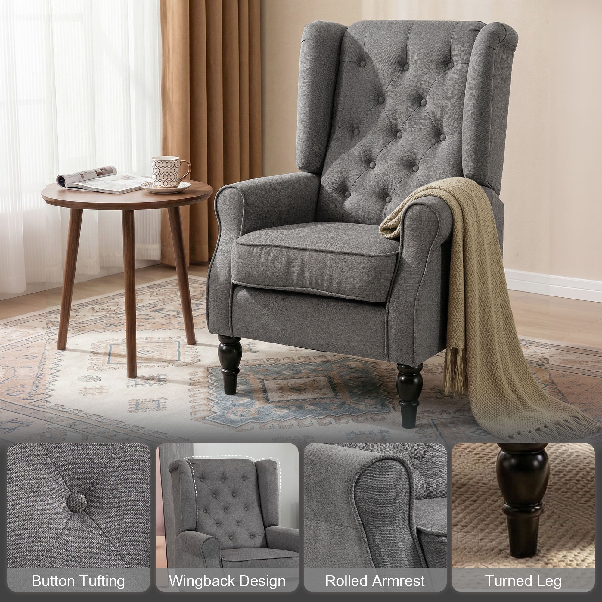Wingback Accent Chair for Living Room, Button-Tufted Lounge Chair with Round Armrests and Wood Legs, Dark Gray
