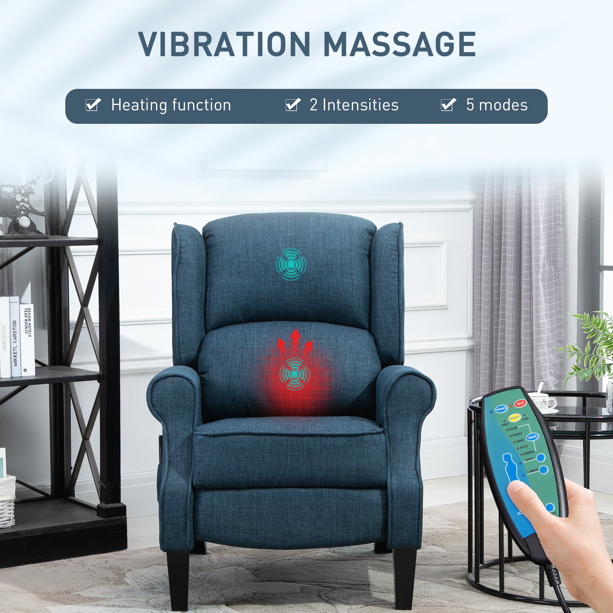Vibration Massage Recliner Chair for Living Room with Heat, Wingback Single Sofa, Modern Linen Fabric Push Back Reclining Chair with Footrest, Side Pocket, Dark Blue