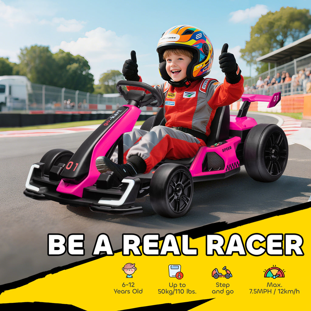 24V 7.5 MPH Electric Go Kart with Adjustable Seat, Slow Start, Pink