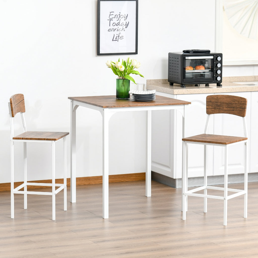 3 Piece Industrial Counter Height Dining Table Set, Bar Table & Chairs with Steel Legs & Footrests, White