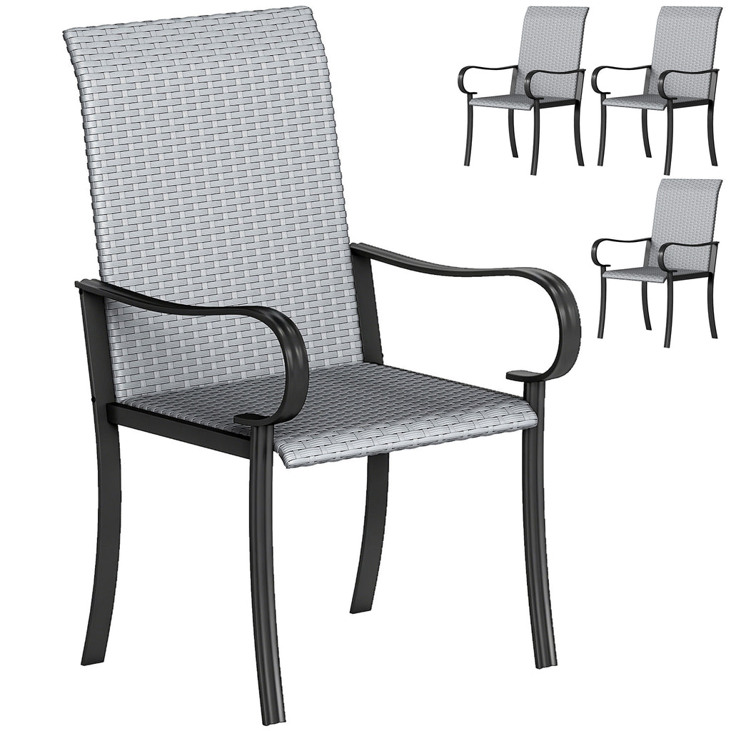 Set of 4 Outdoor Wicker Dining Chairs with Armrest, Steel Frame, High Back and Deep Seating, Gray