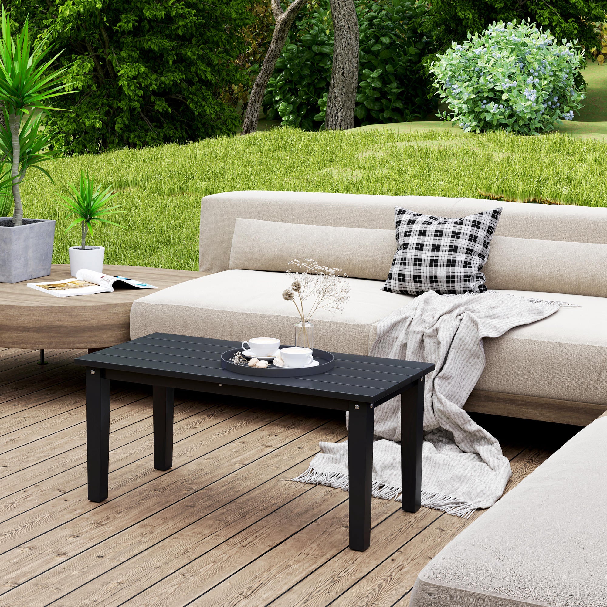 Rectangle Outdoor Coffee Table, HDPE All-Weather Outdoor Patio Table with Slatted Tabletop for Yard, Balcony, Black