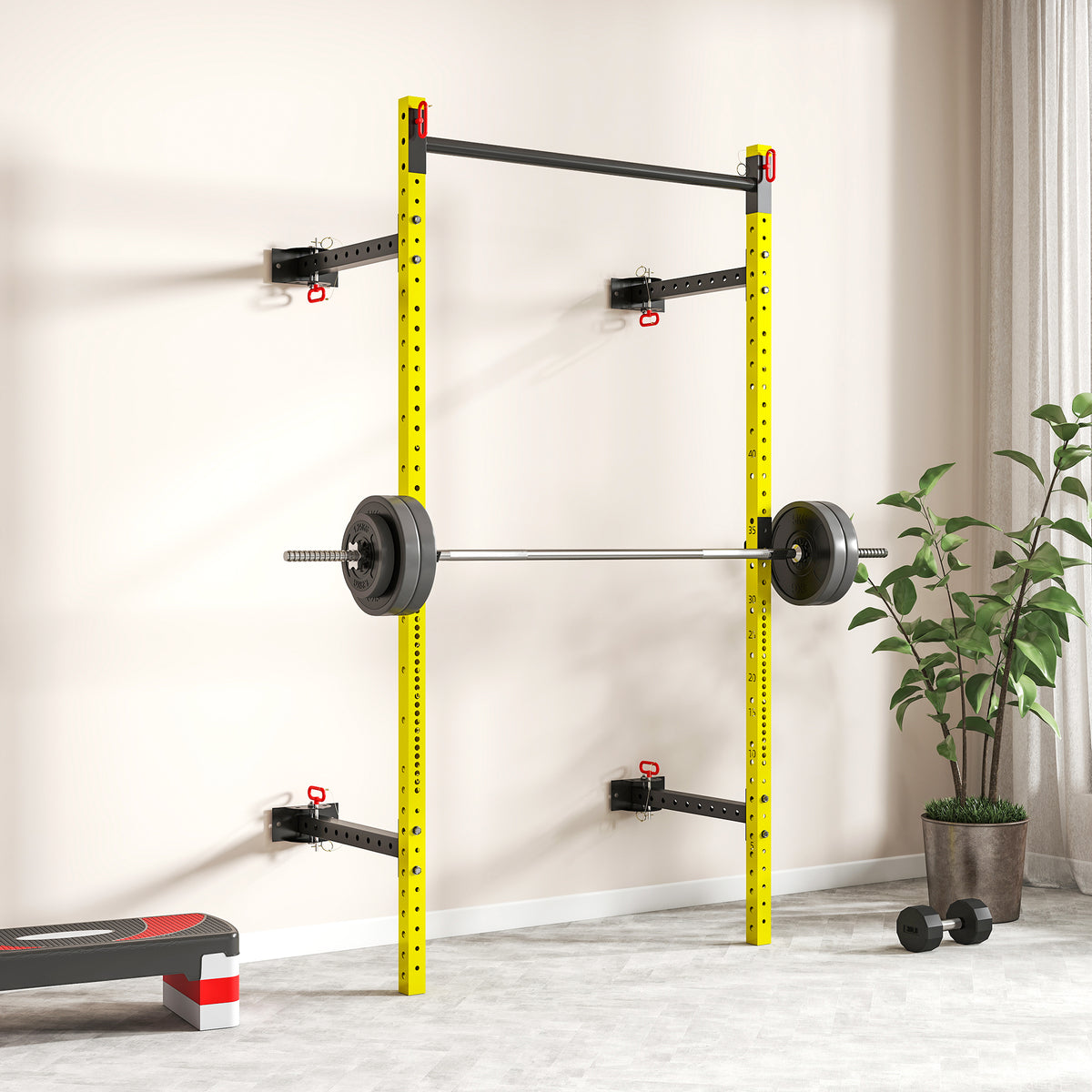 Folding Squat Rack with Pull Up Bar, Wall Mounted and Adjustable, 1000 Pounds Capacity Power Rack, Yellow