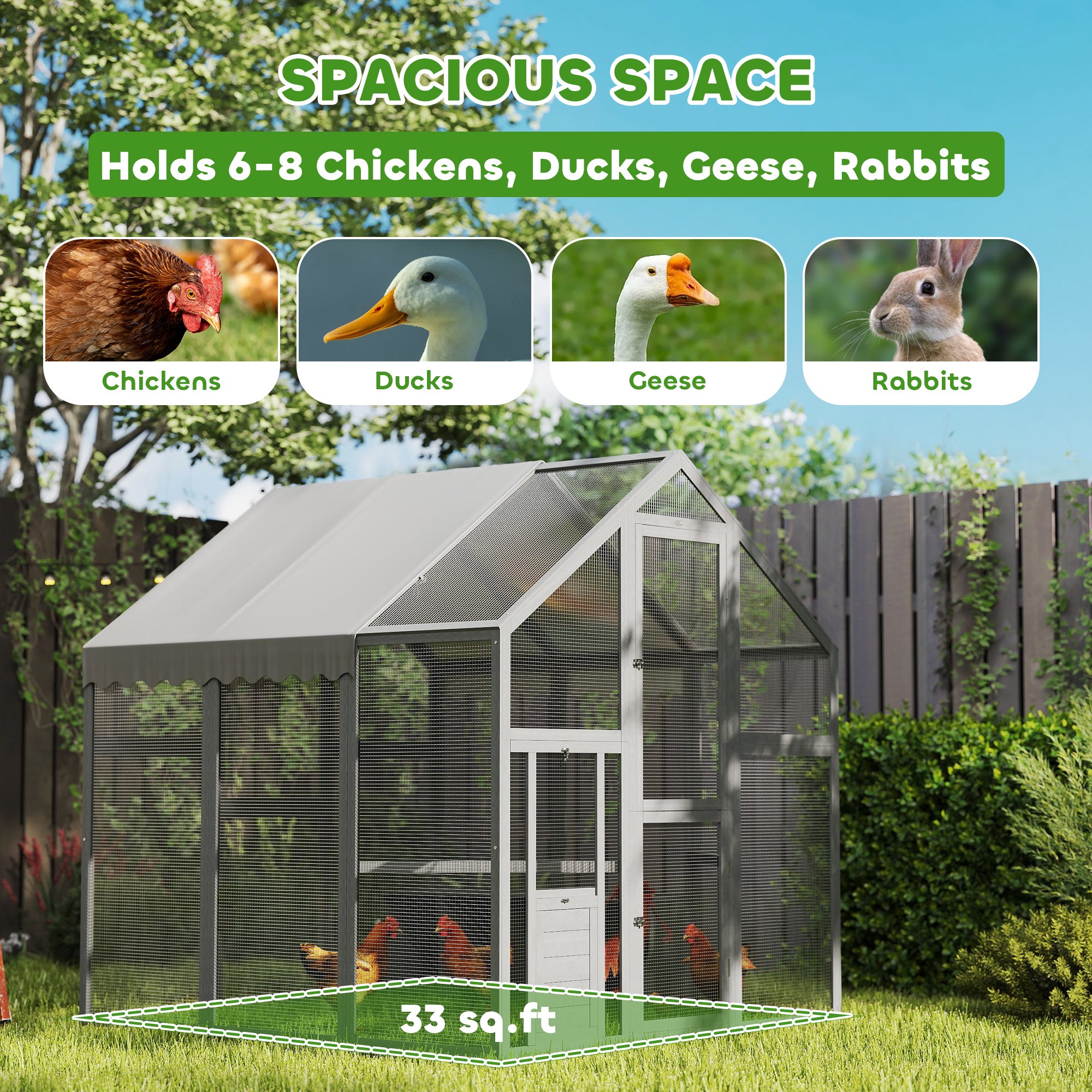 Large Wooden Chicken Run with Waterproof & Anti-UV Cover, for 6-8 Chickens, for Backyard, Farm, Gray