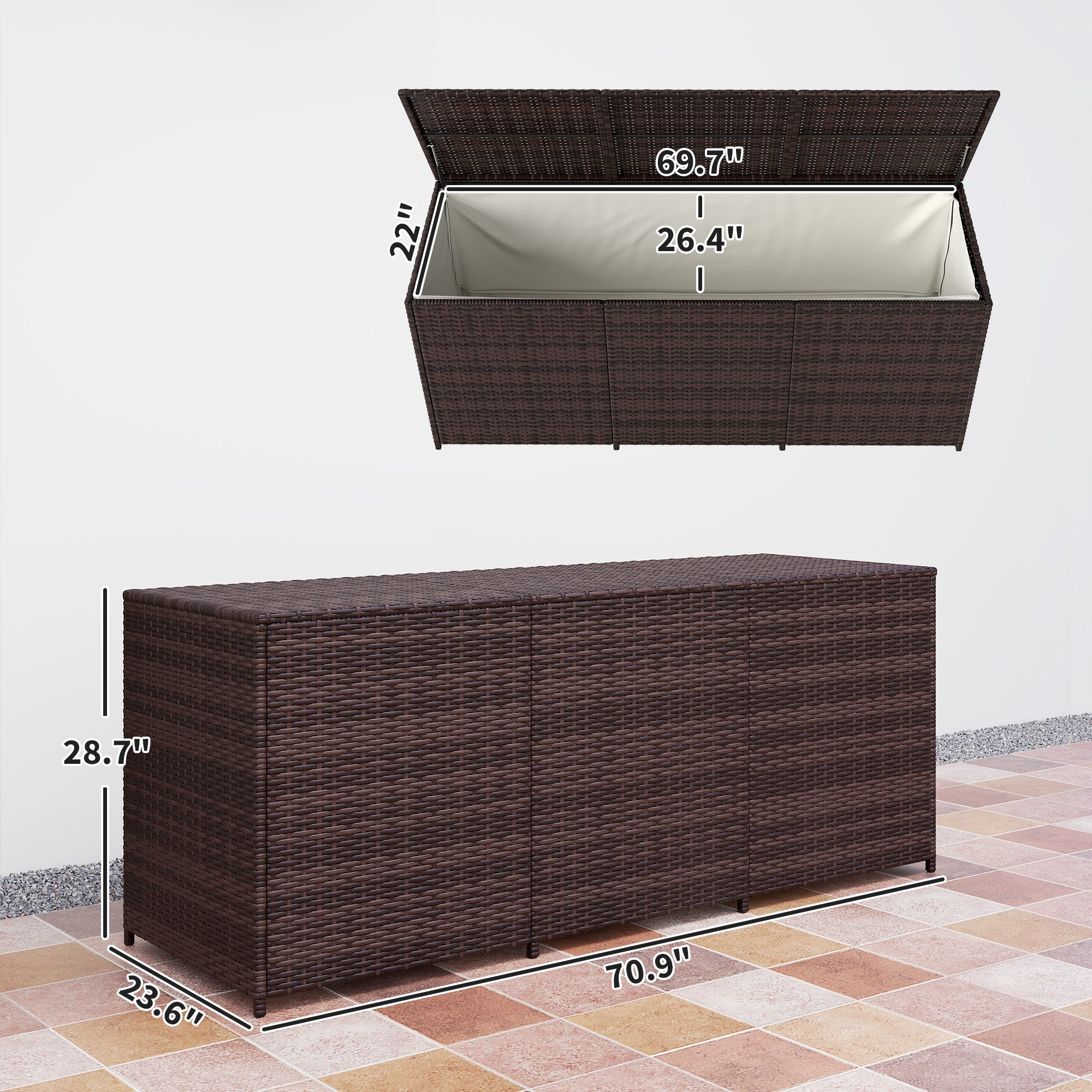 175 Gallon Outdoor Storage Box with Inner Liner, PE Rattan Wicker Deck Box with Pneumatic Bar Lift, Mixed Brown