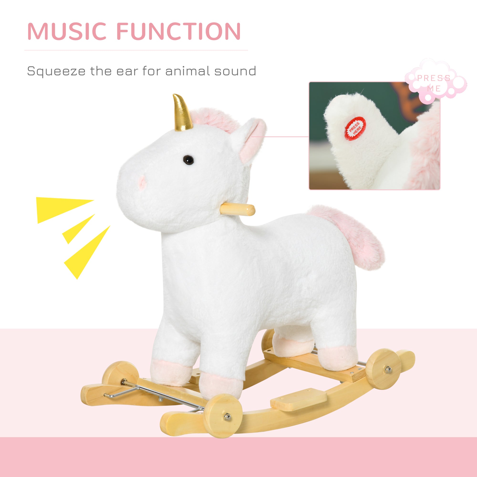 2 in 1 Kids Rocking Horse, Rolling Unicorn with Sound, Wooden Base, Pedal, Grip Handle, for 3-6 Years Old, White