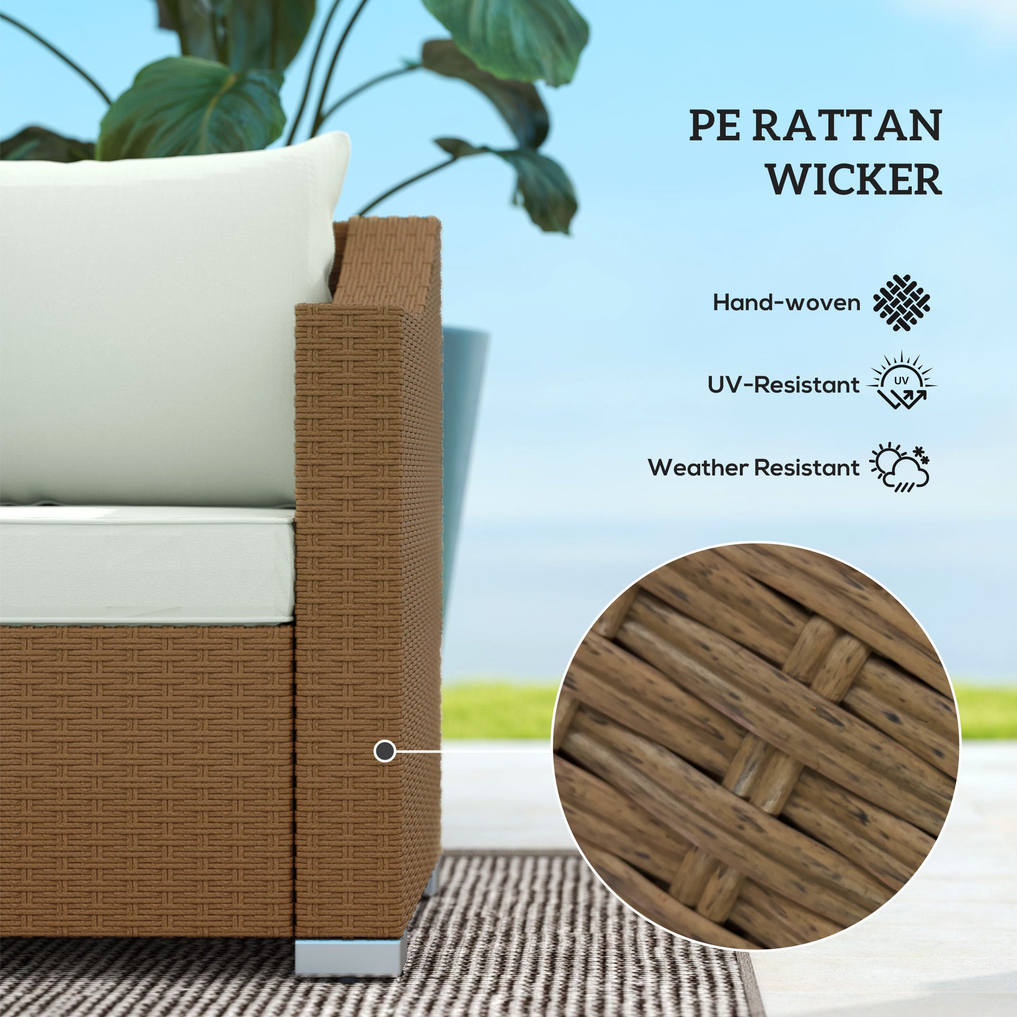 Rattan Wicker 3 Seater Patio Couch with Cushions, 2 Throw Pillows, Outdoor Furniture Rattan Sofa, Light Gray