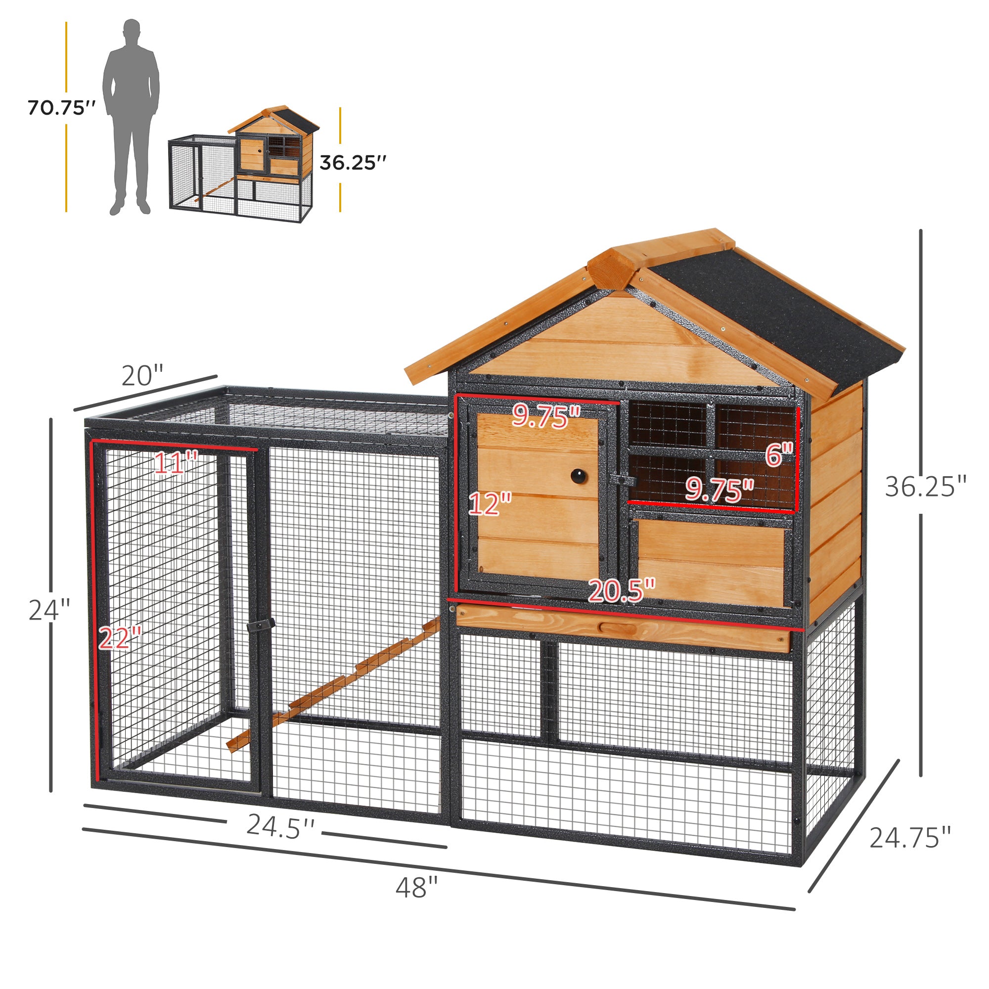 Outdoor Rabbit Cage Elevated Pet House w/ Slide-Out Tray, Natural Wood & Black