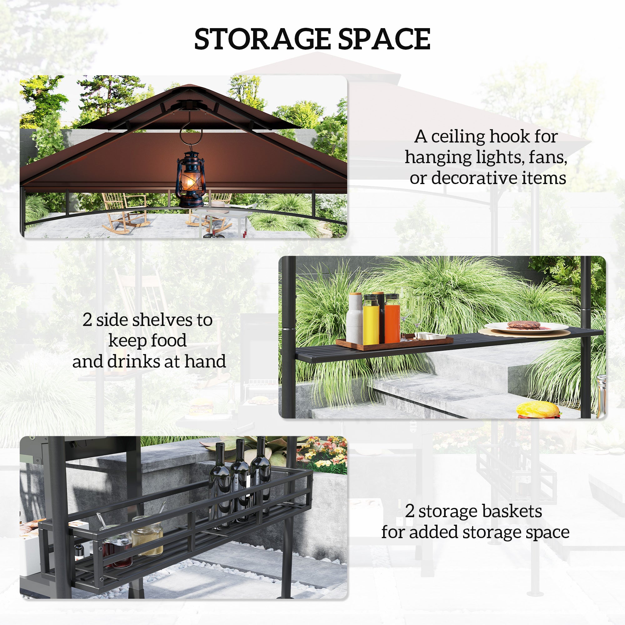 8' x 5' BBQ Grill Gazebo, 2-Tier Outdoor BBQ Gazebo with 2 Side Shelves, Storage Baskets, Ceiling Hook, Dark Brown