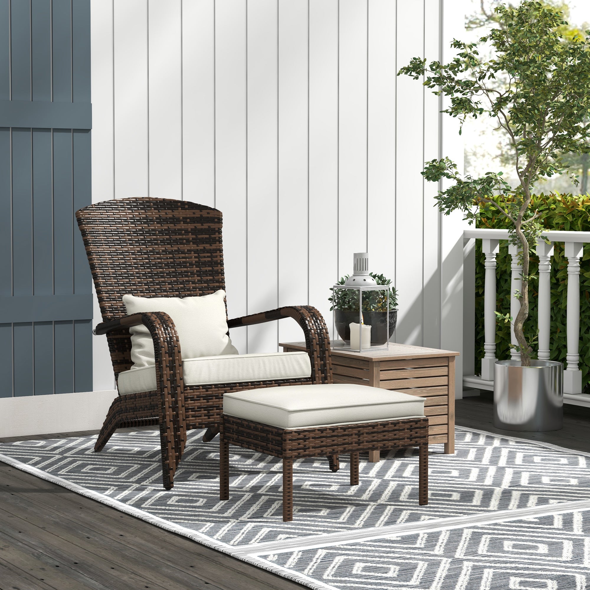 Wicker Adirondack Chair Fire Pit Chair w/ Ottoman & Cushions, White