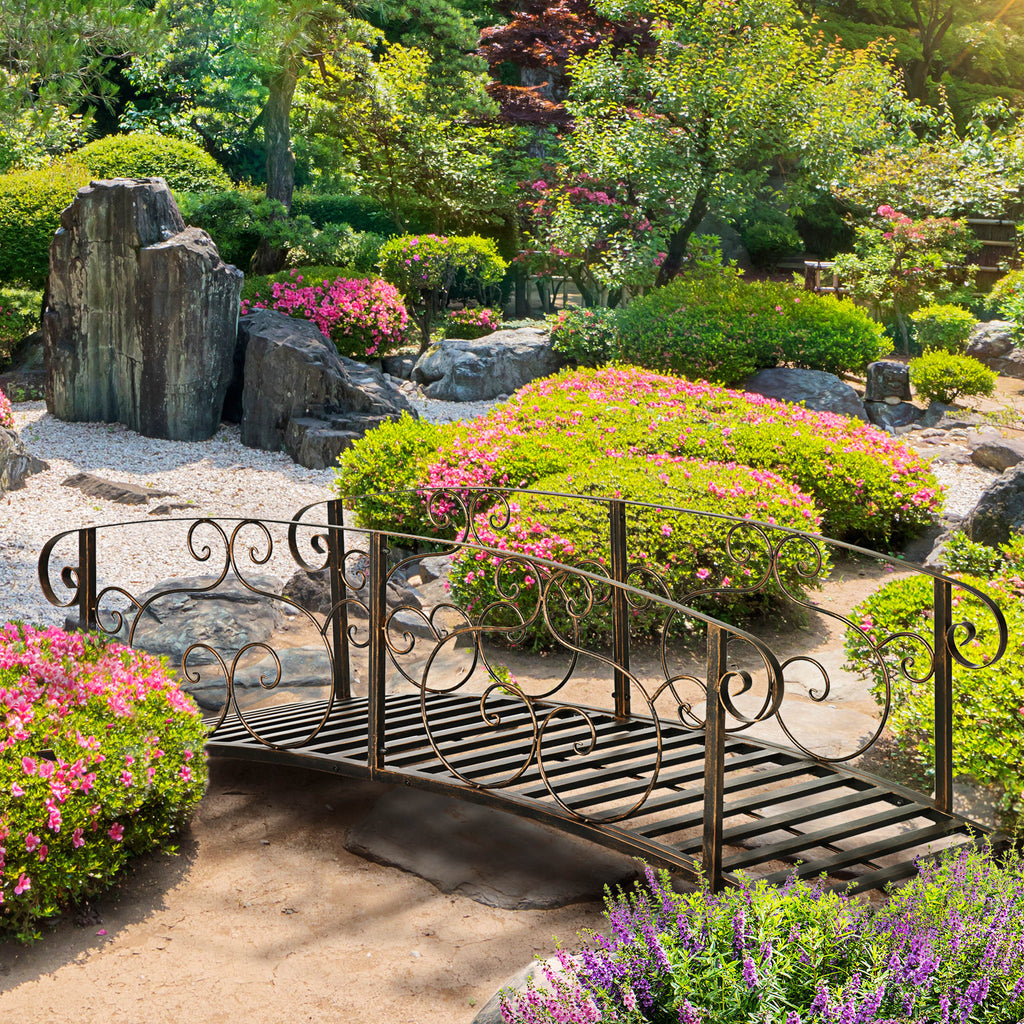 6' Metal Arch Backyard Garden Bridge, Safety Siderails, Arc Footbridge for Backyard Creek, Stream, Pond, Bronze