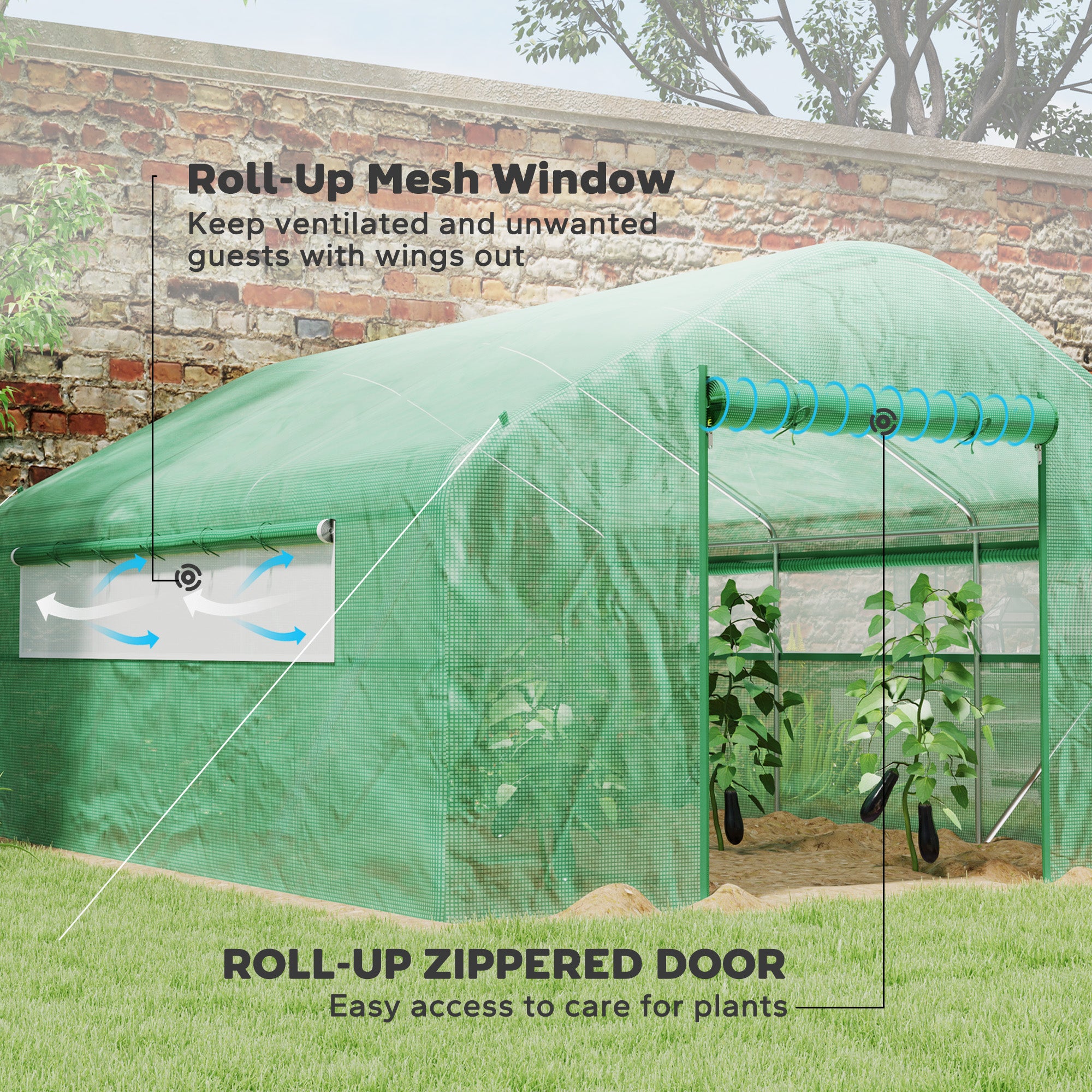 13' x 10' x 6.5' Tunnel Greenhouse Hoop House with Upgraded Galvanized Steel Frame and Large Windows, Green