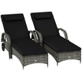 2 Reclining Chaise Lounge Chairs, Rolling Outdoor Chairs with Cushion, Pillow, Headrest, Armrests, and Wheels, Black