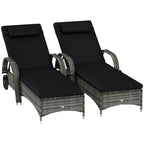 2 Reclining Chaise Lounge Chairs, Rolling Outdoor Chairs with Cushion, Pillow, Headrest, Armrests, and Wheels, Black