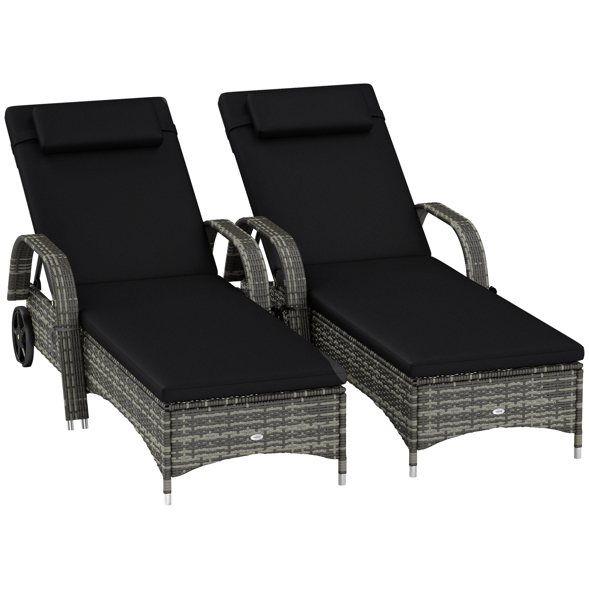 2 Reclining Chaise Lounge Chairs, Rolling Outdoor Chairs with Cushion, Pillow, Headrest, Armrests, and Wheels, Black